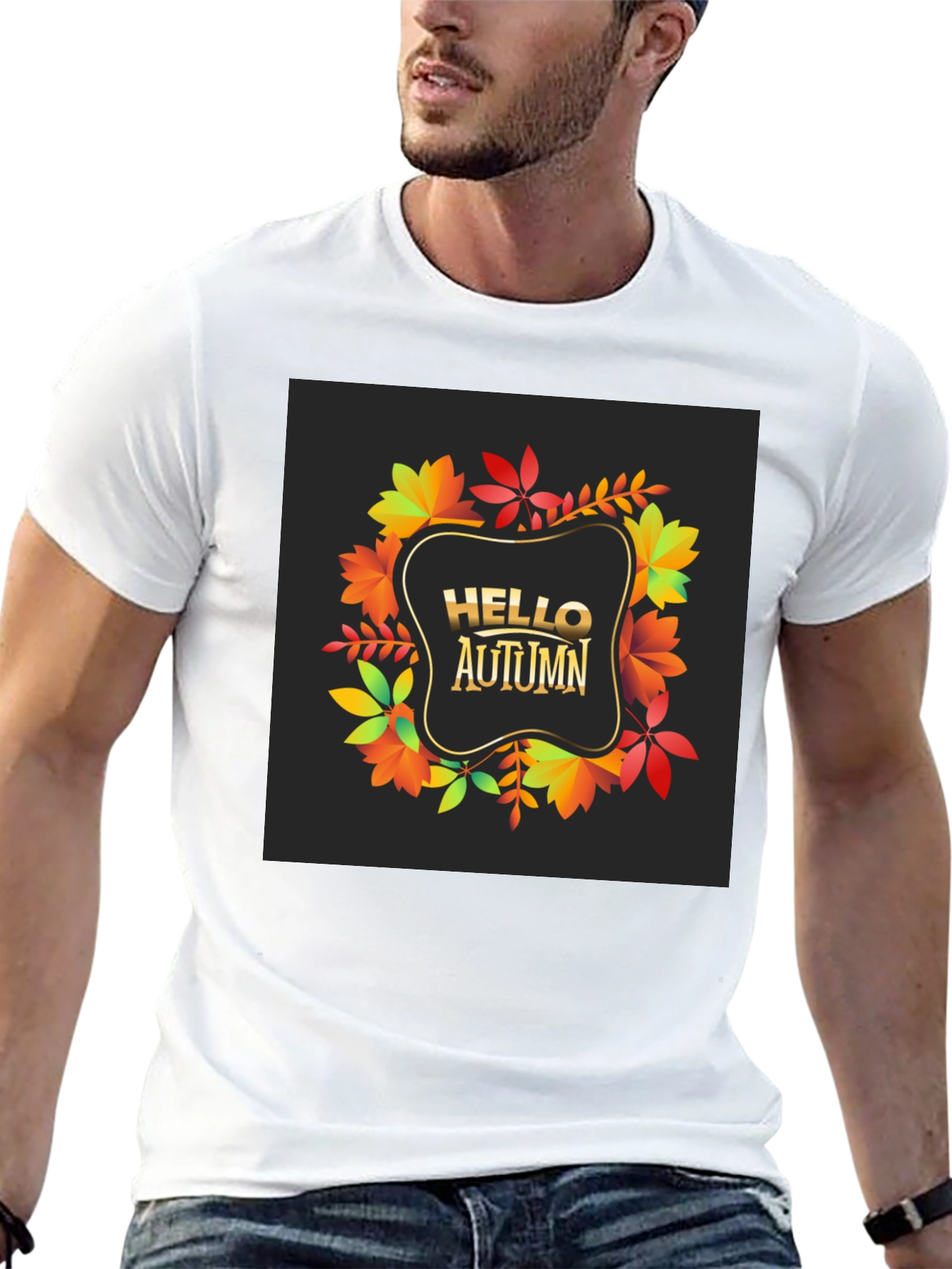 Hello Autumn Black T-Shirt - Fall Leaves Design