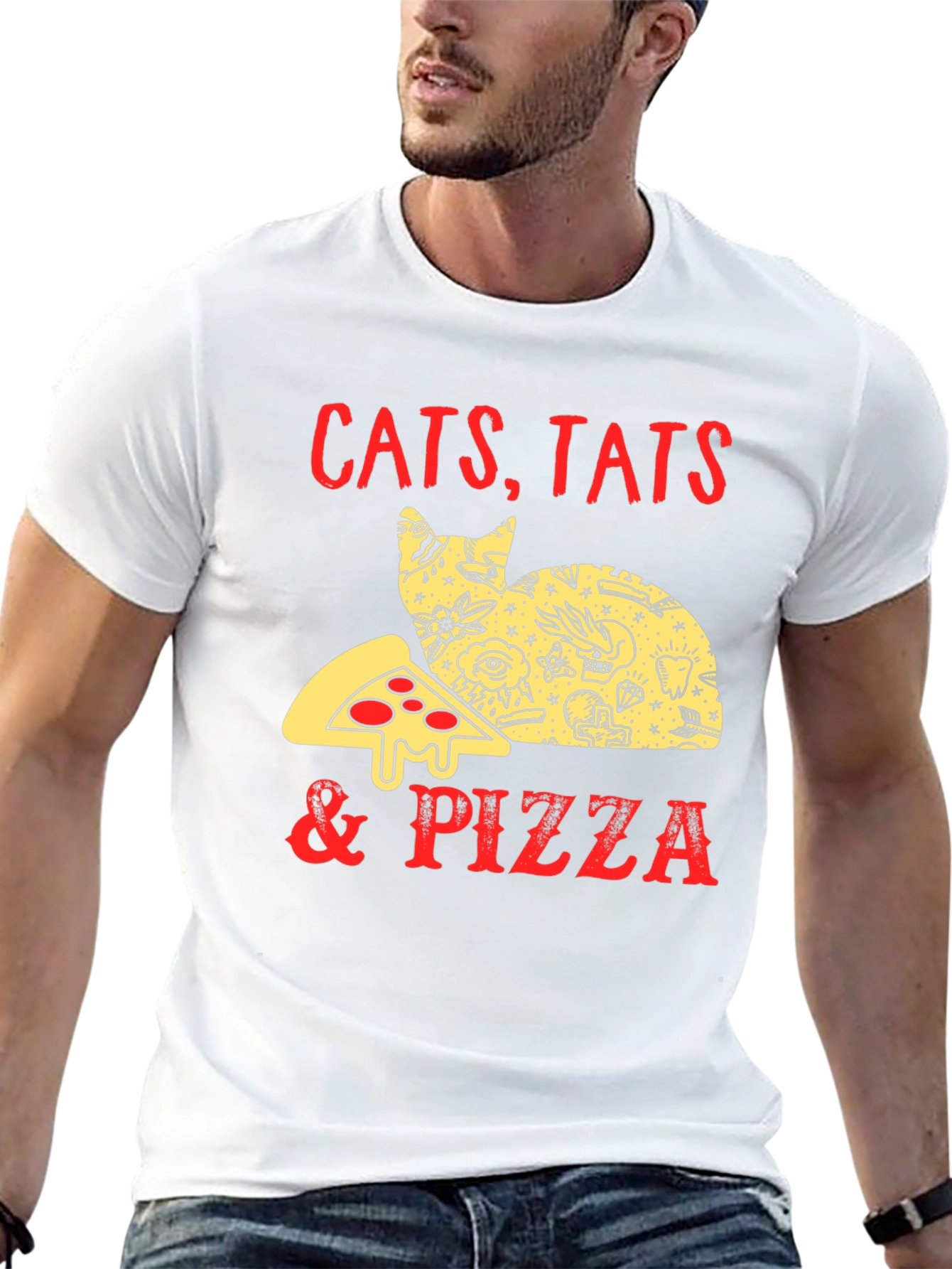Cats Tats & Pizza T-Shirt - Black Graphic Tee