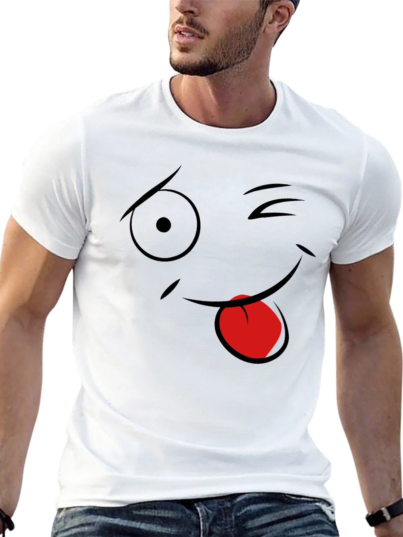 Winking Face Graphic Tee - Black Cotton T-Shirt