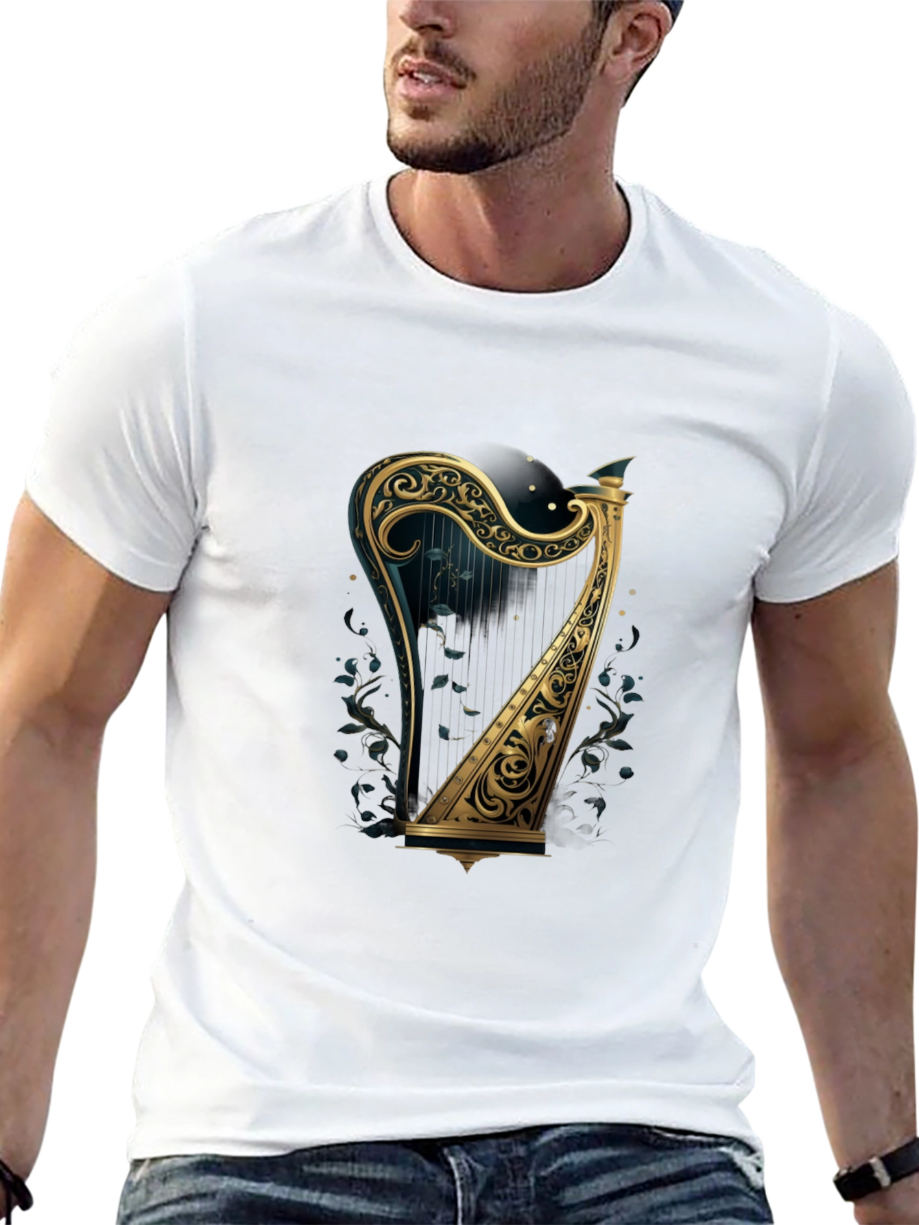 Ornate Harp Graphic Tee - Musical Instrument T-Shirt