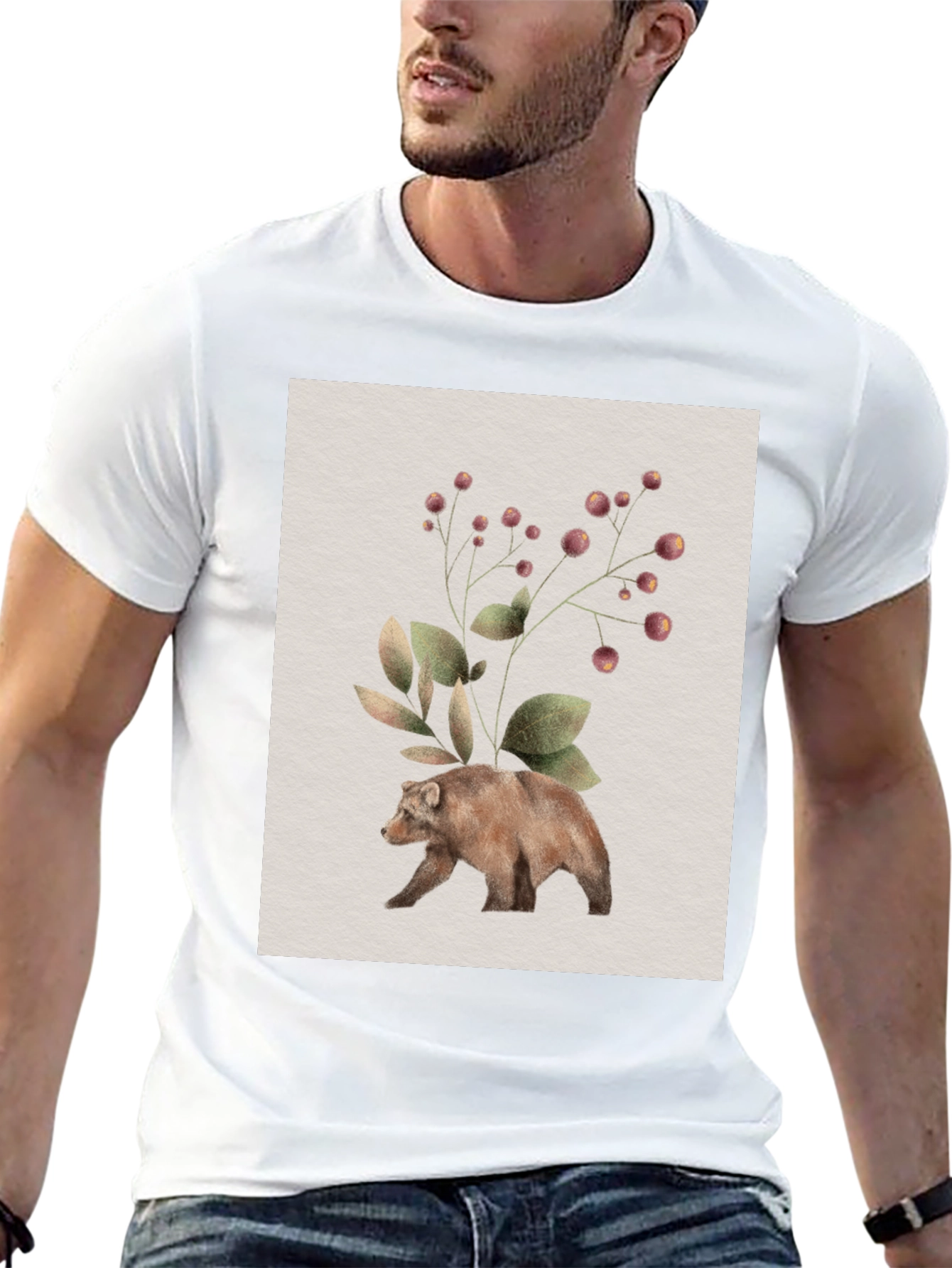 Botanical Bear Graphic Tee - Nature Inspired Design