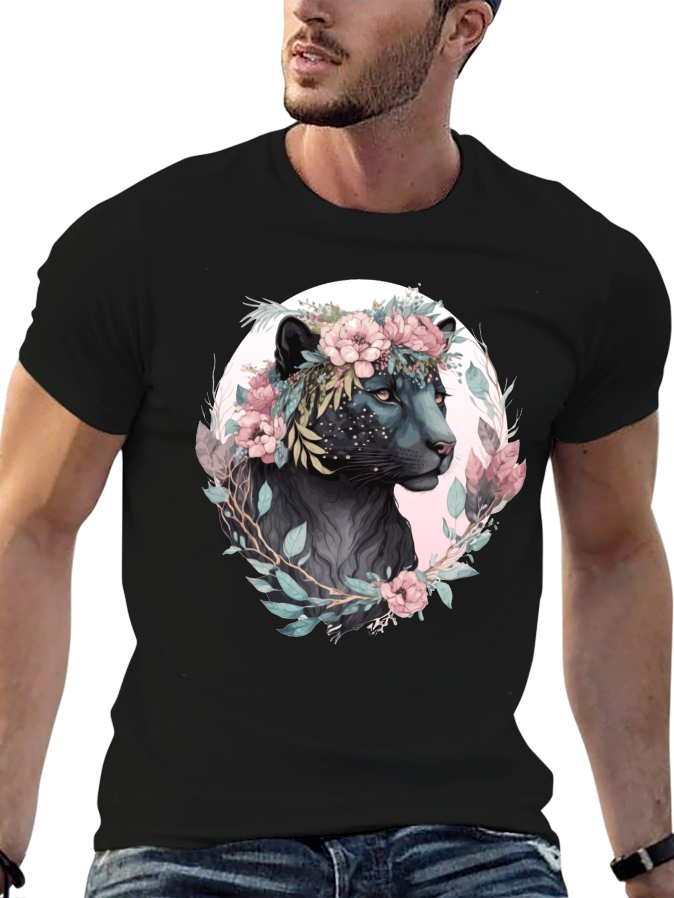Floral Panther Graphic Tee - Stylish Black T-Shirt