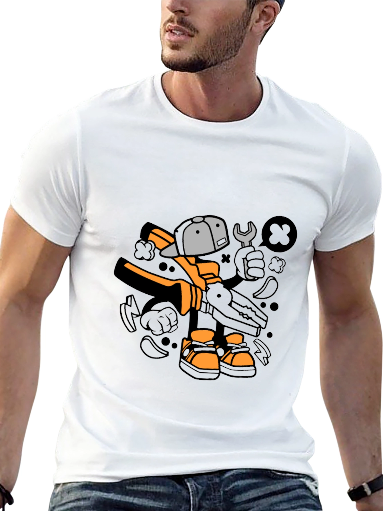 Cool Graphic T-Shirt with Cartoon Mechanic Print