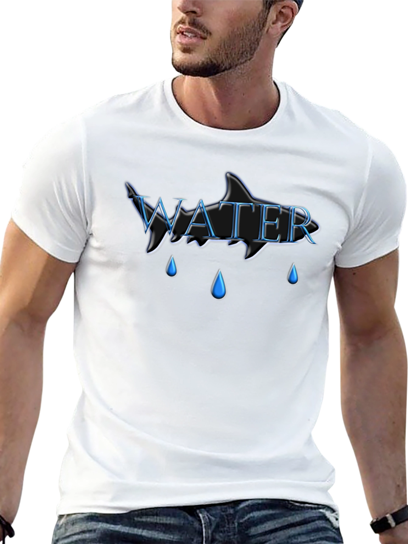 Water Shark Design Black Cotton Tee