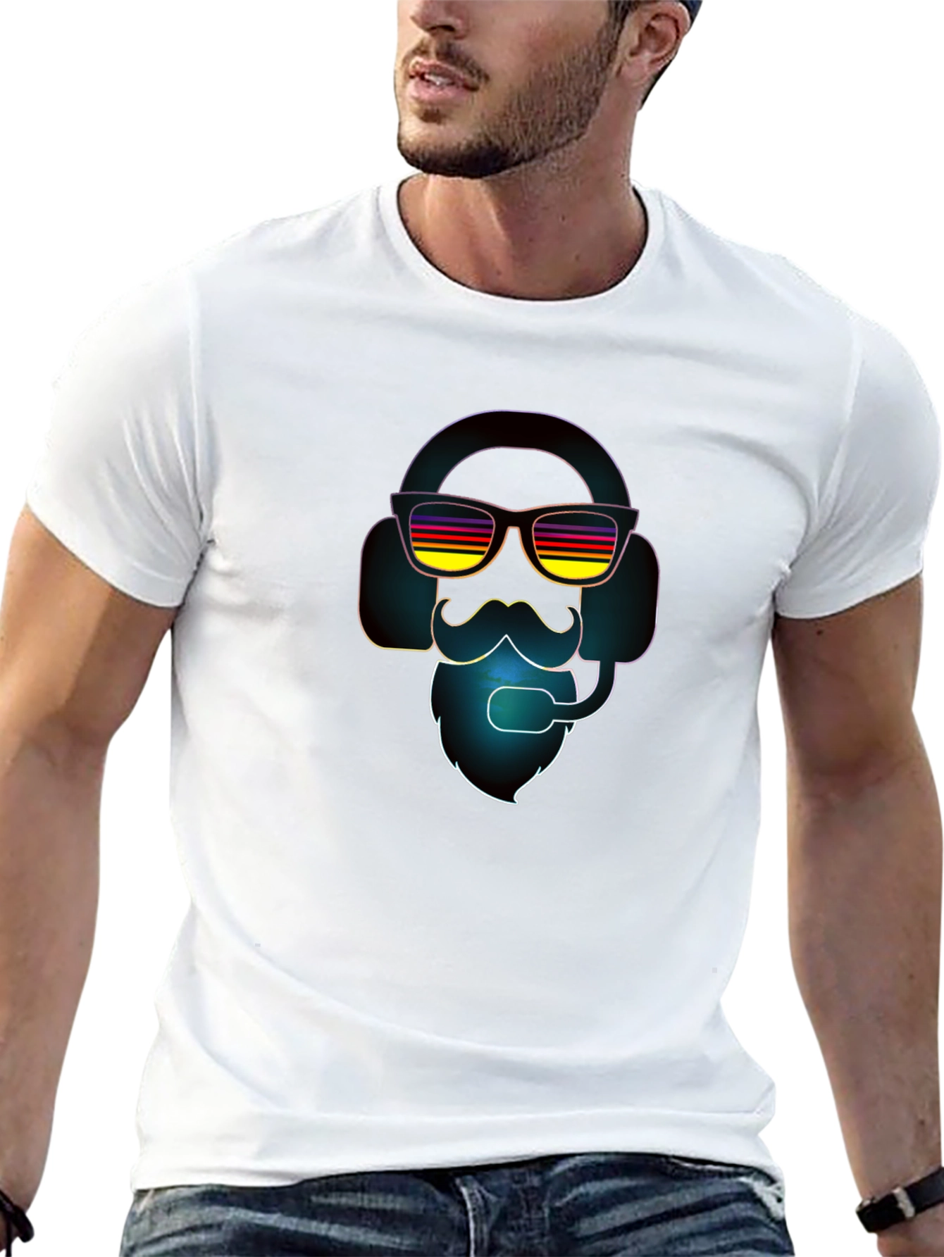 Retro Gamer T-Shirt - Headset Beard Sunglasses