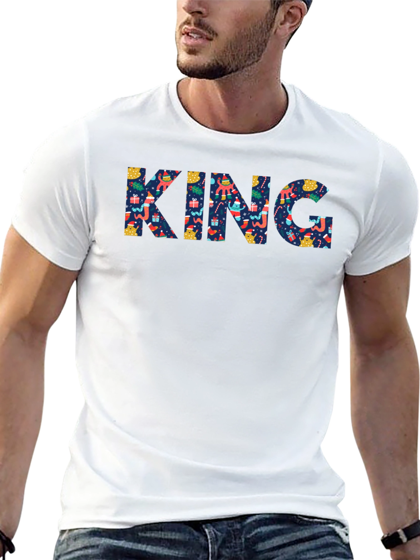 Mens Black Crewneck T-Shirt with KING Christmas Pattern
