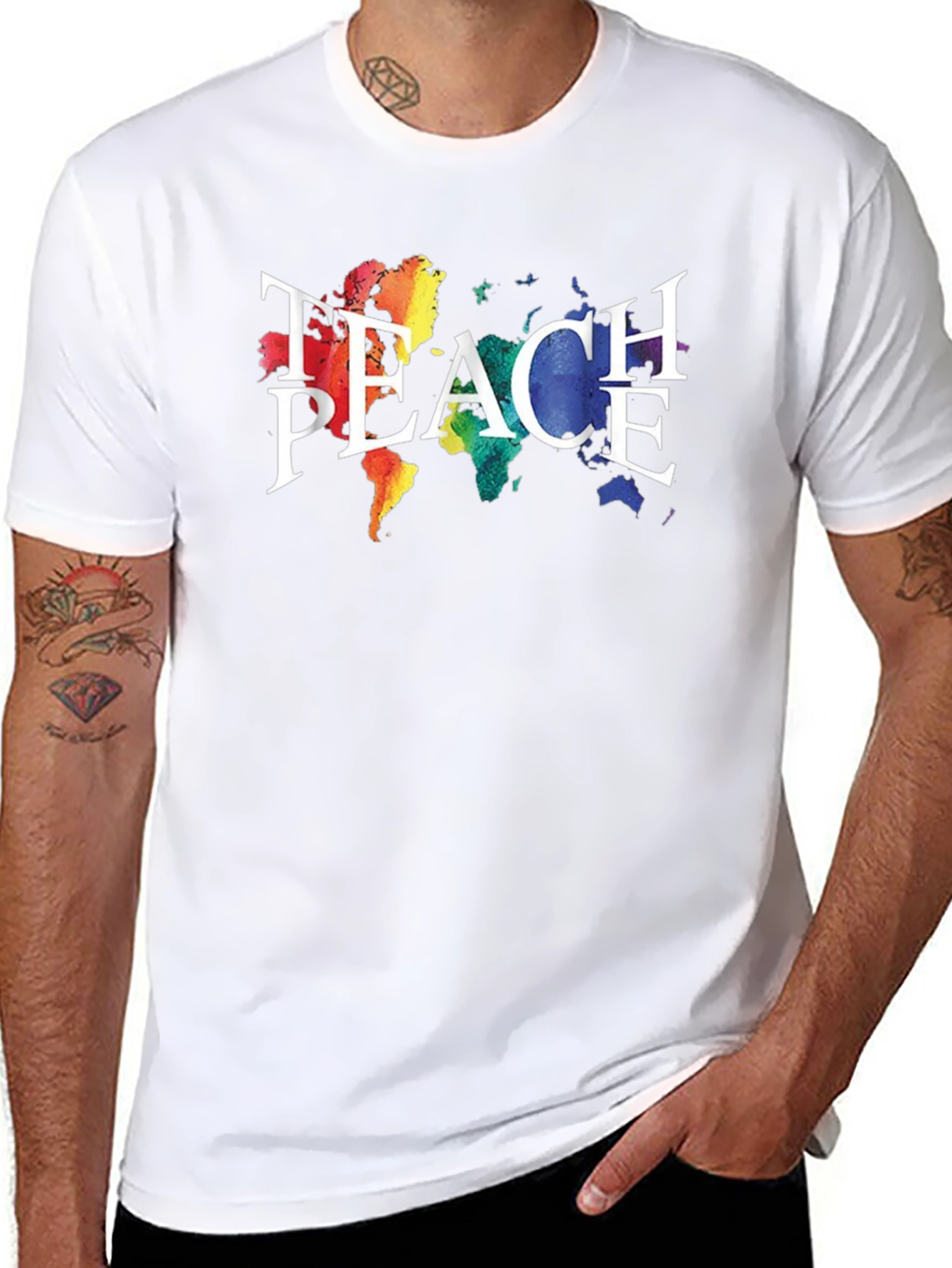 Teach Peace T-Shirt Rainbow World Map