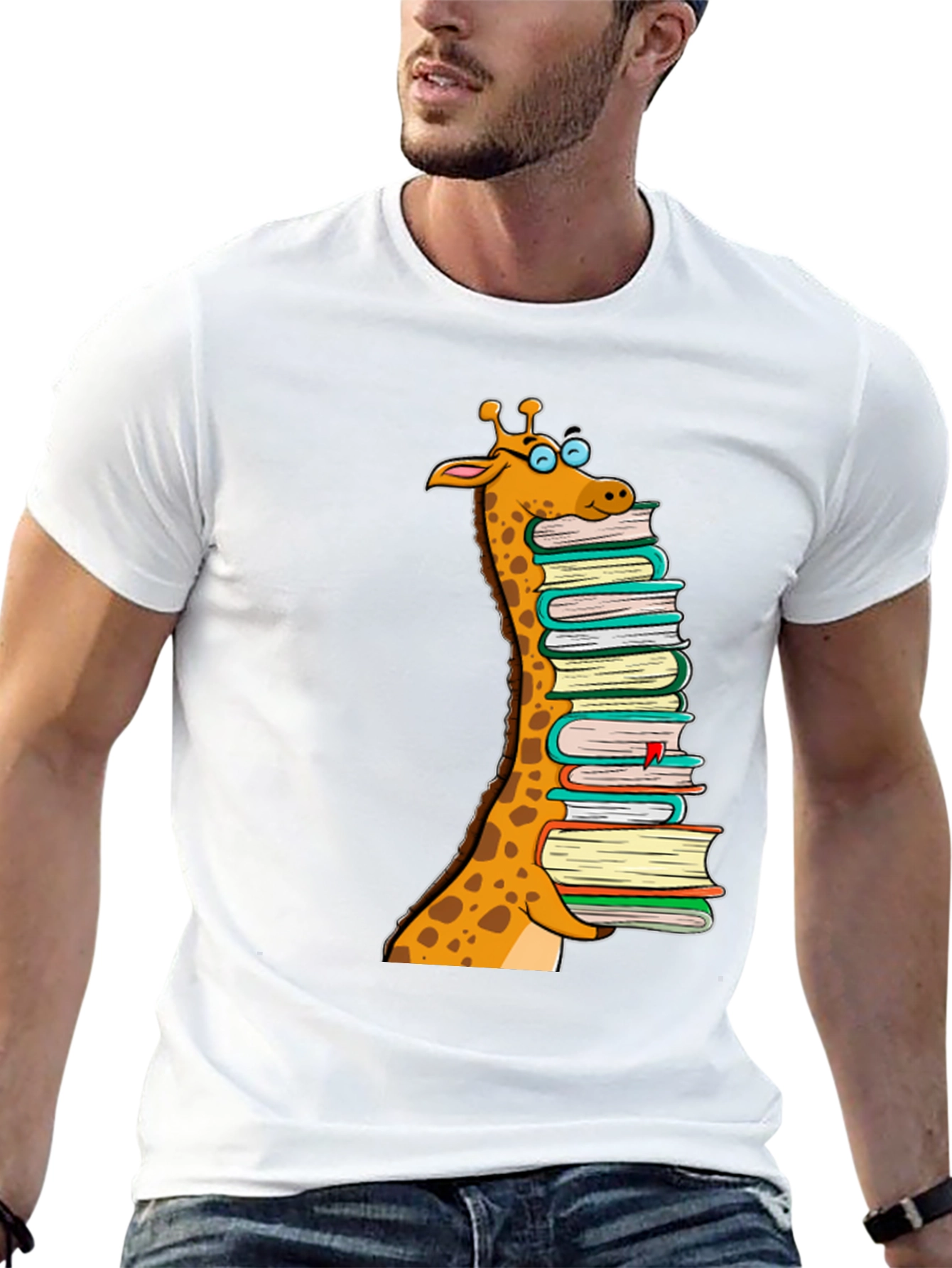 Giraffe Stack of Books Graphic T-Shirt
