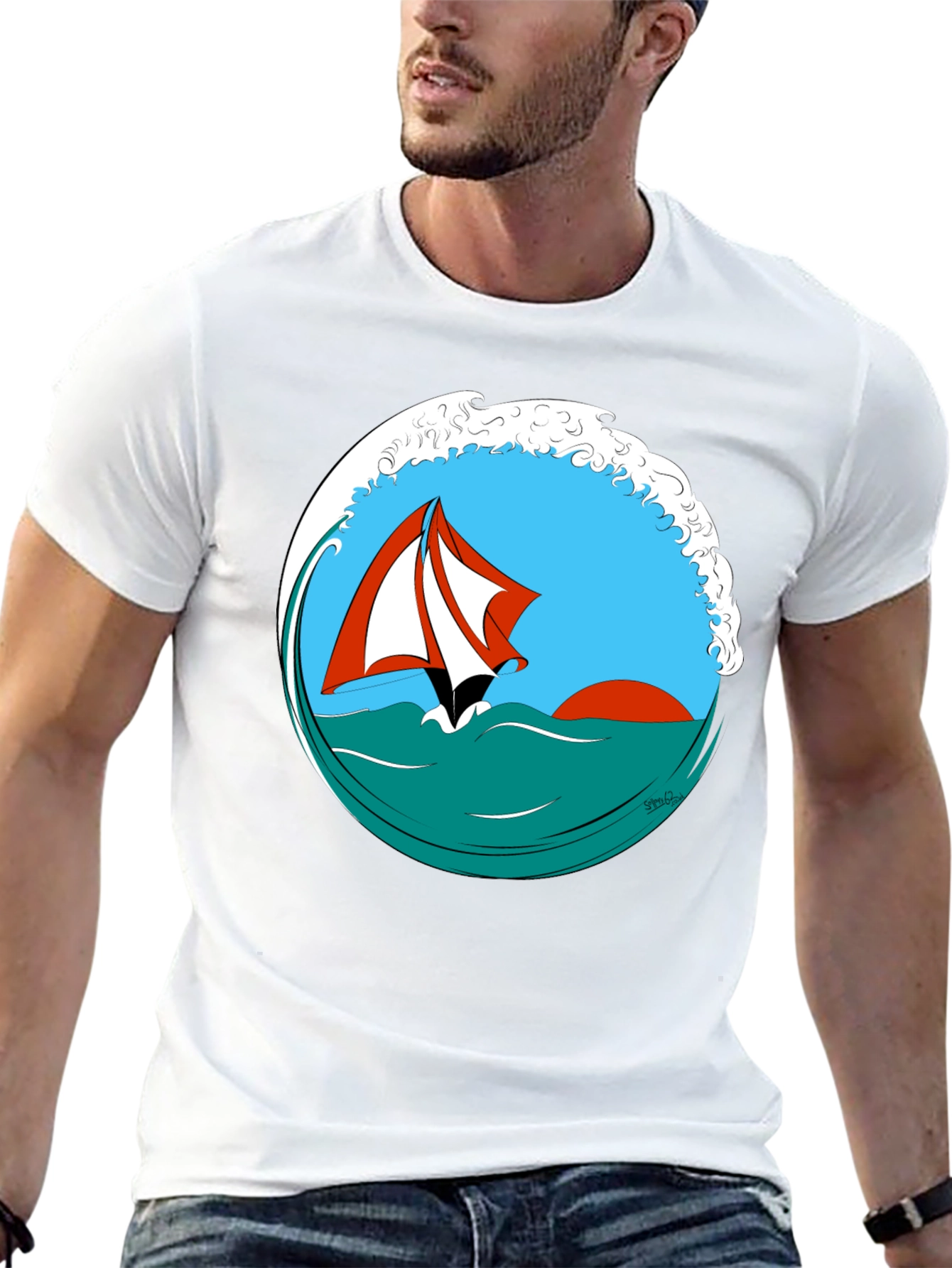 Sailboat Wave Graphic Tee - Black