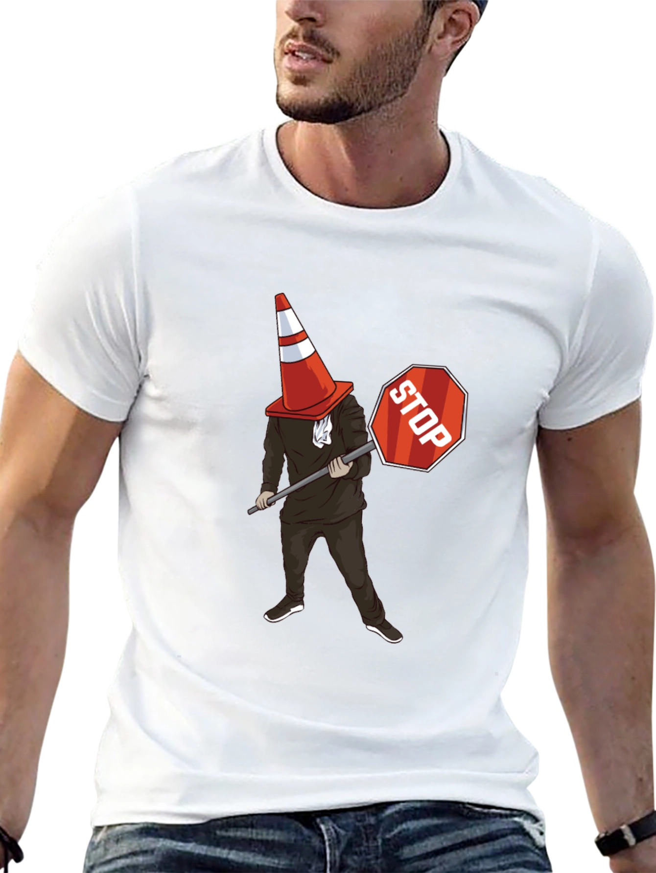 Traffic Cone Stop Sign Graphic T-Shirt