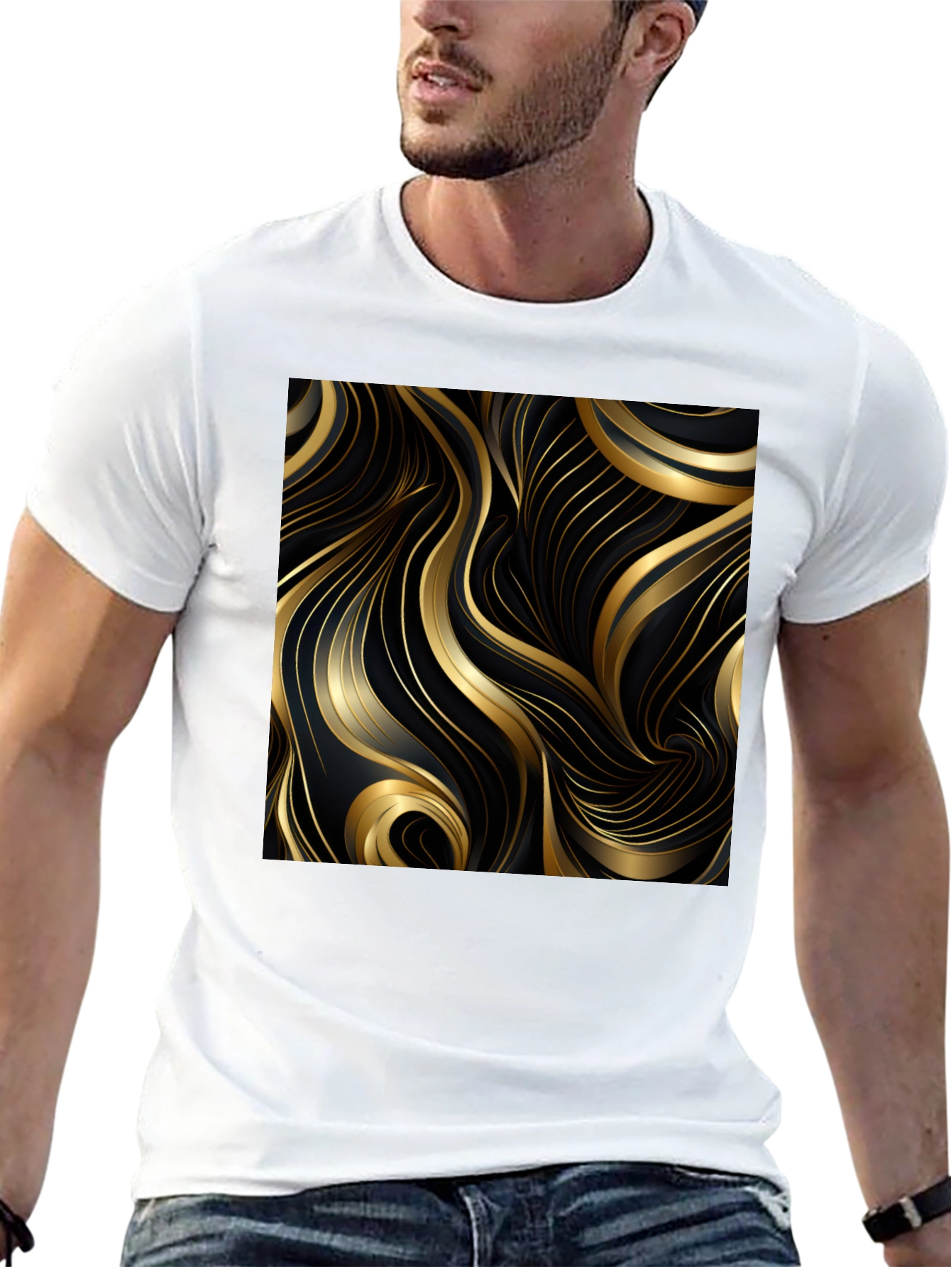 Black T-Shirt with Gold Abstract Graphic Design