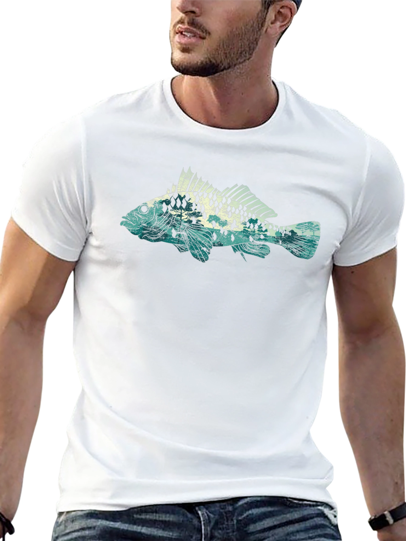 Mens Black T-Shirt with Fish Graphic