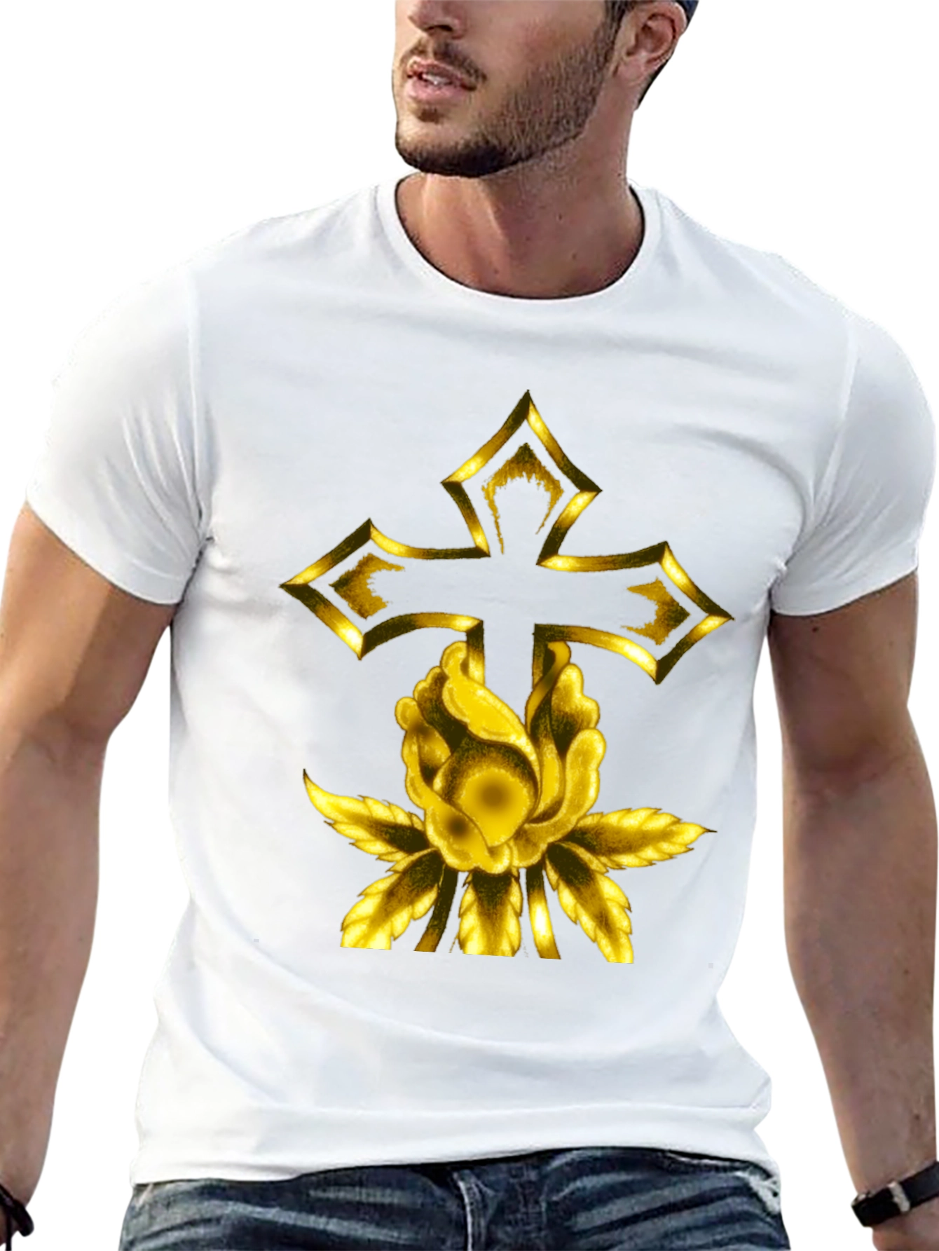 Gold Cross & Rose Black T-Shirt
