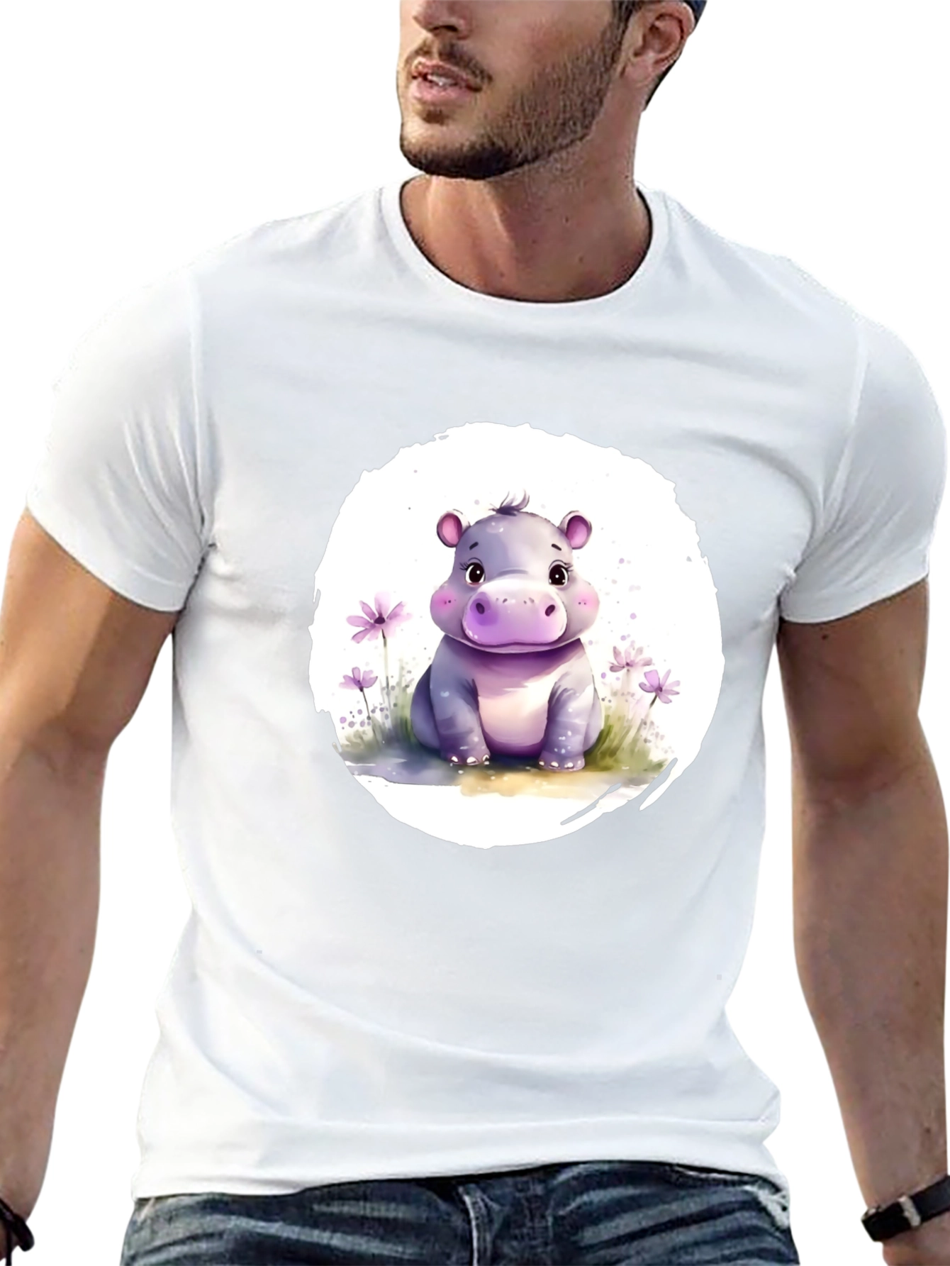 Cute Hippo Graphic Tee - Soft Black Cotton T-Shirt