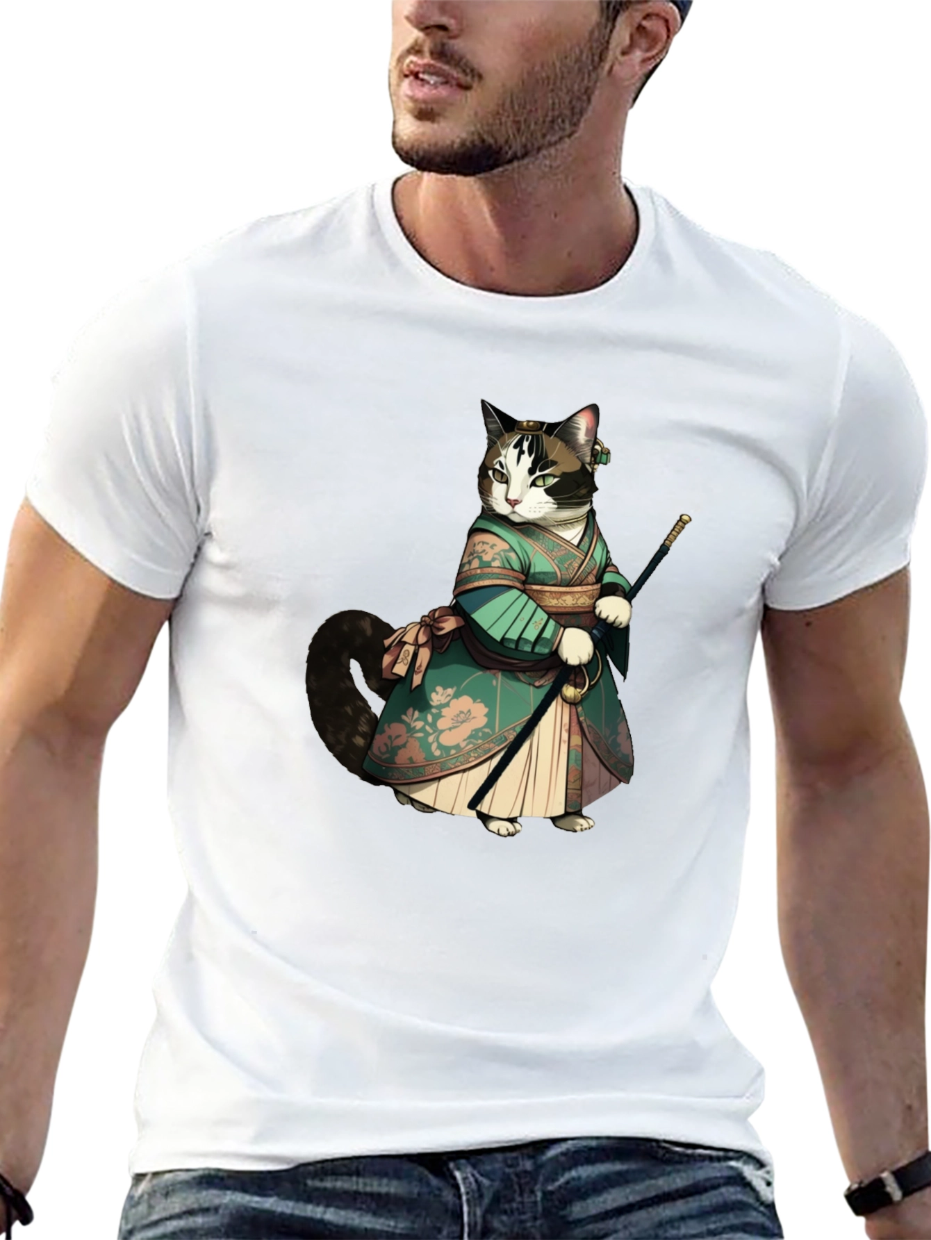 Samurai Cat Graphic Tee - Unique Anime Style