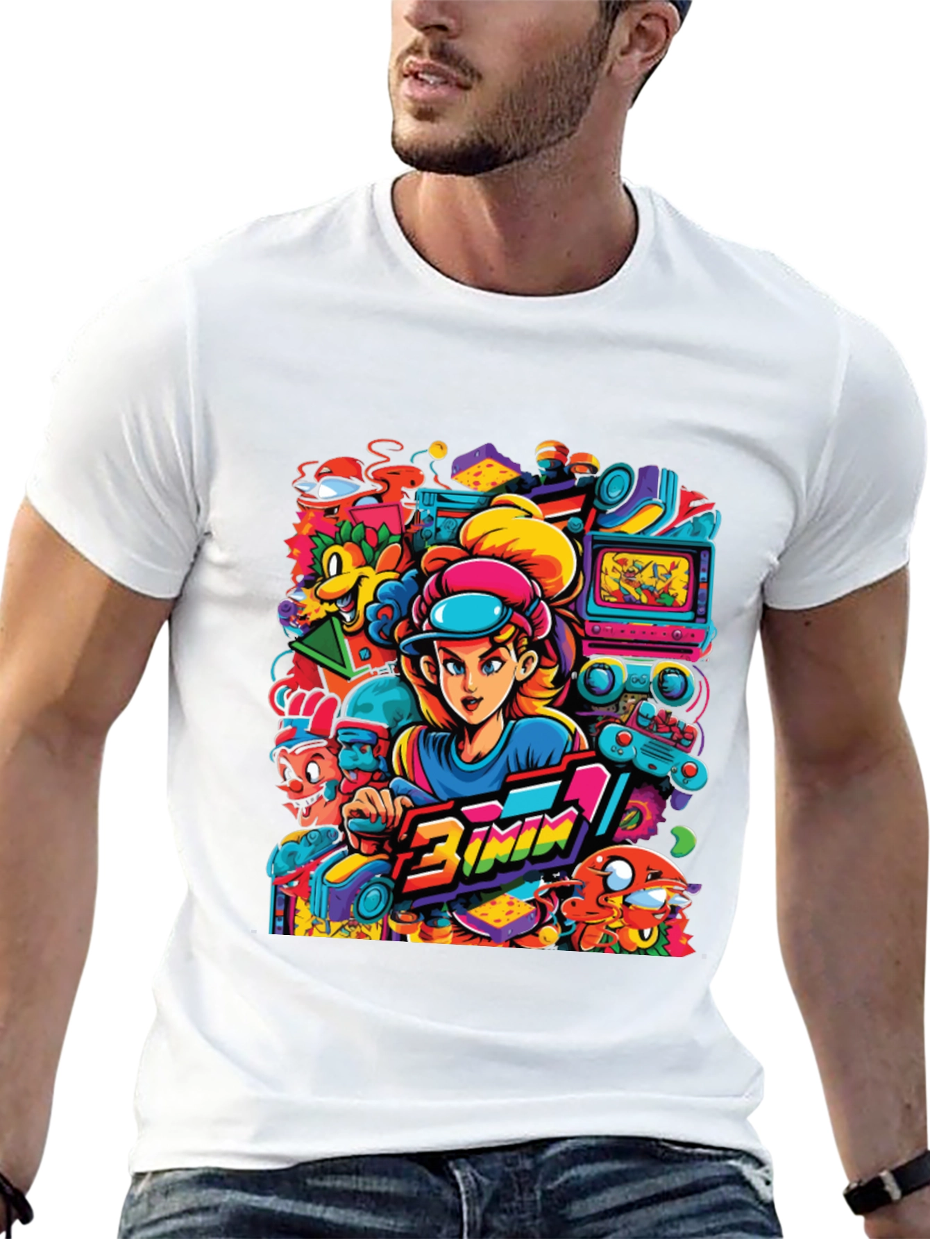 Retro Gamer Cartoon Print Black Tee