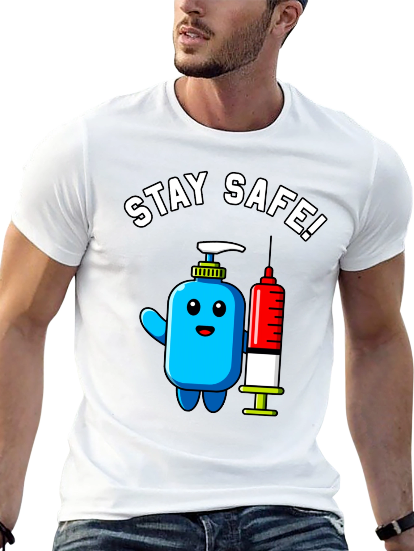 Stay Safe! Cartoon Hand Sanitizer and Syringe T-Shirt
