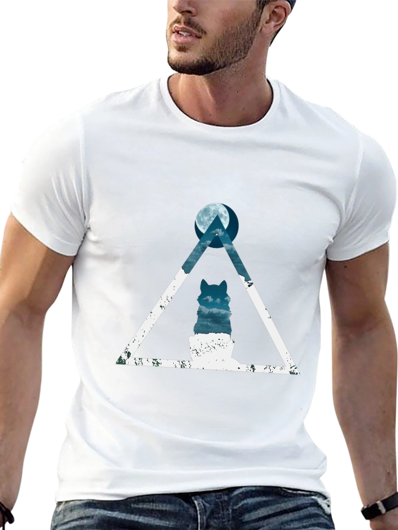 Geometric Wolf Moon Graphic Tee - Black Cotton