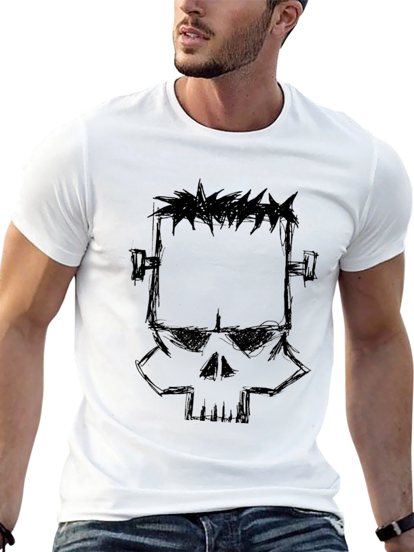 Frankenstein Skull Graphic Black T-Shirt