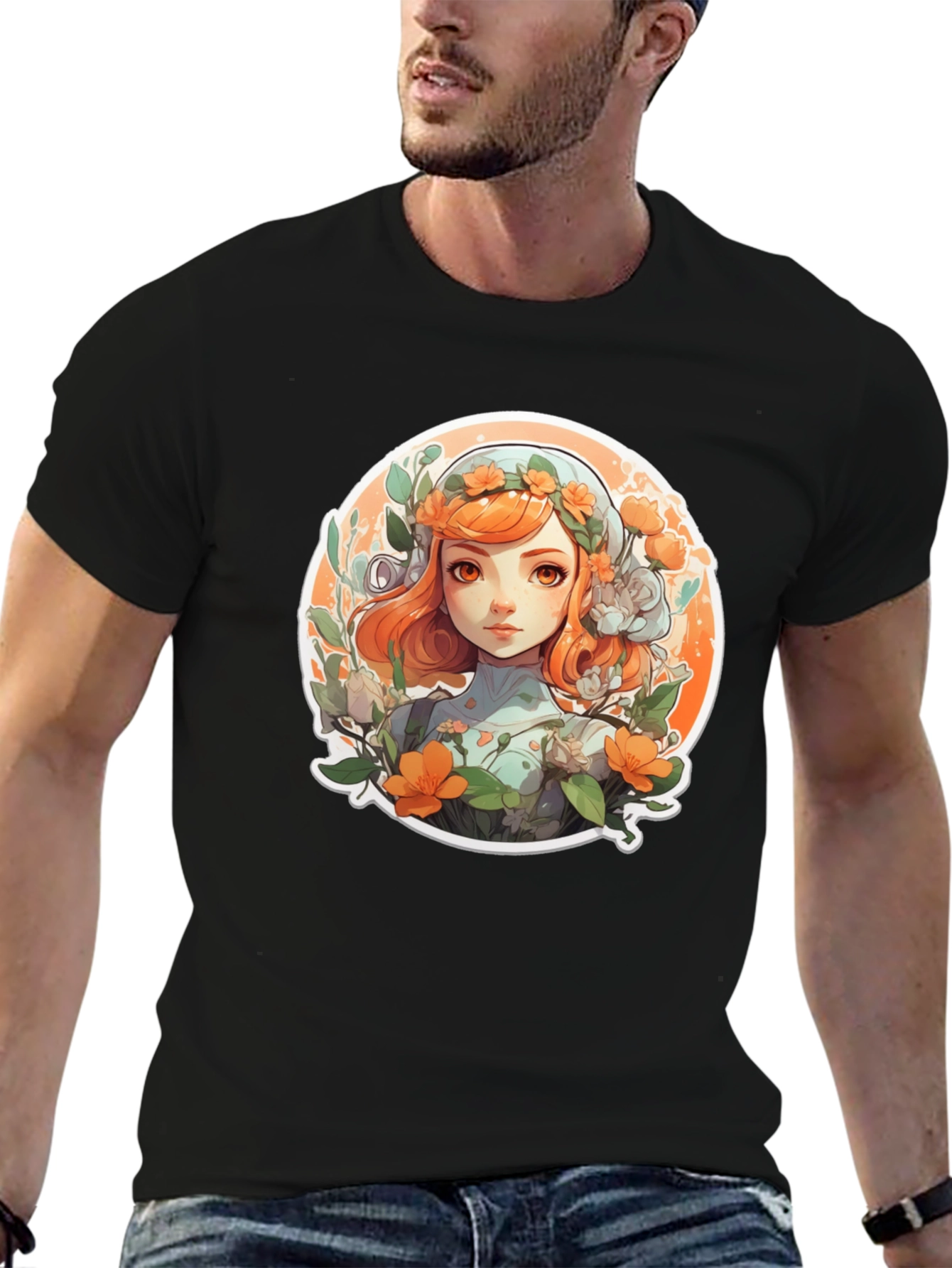 Floral Anime Girl T-Shirt - Black