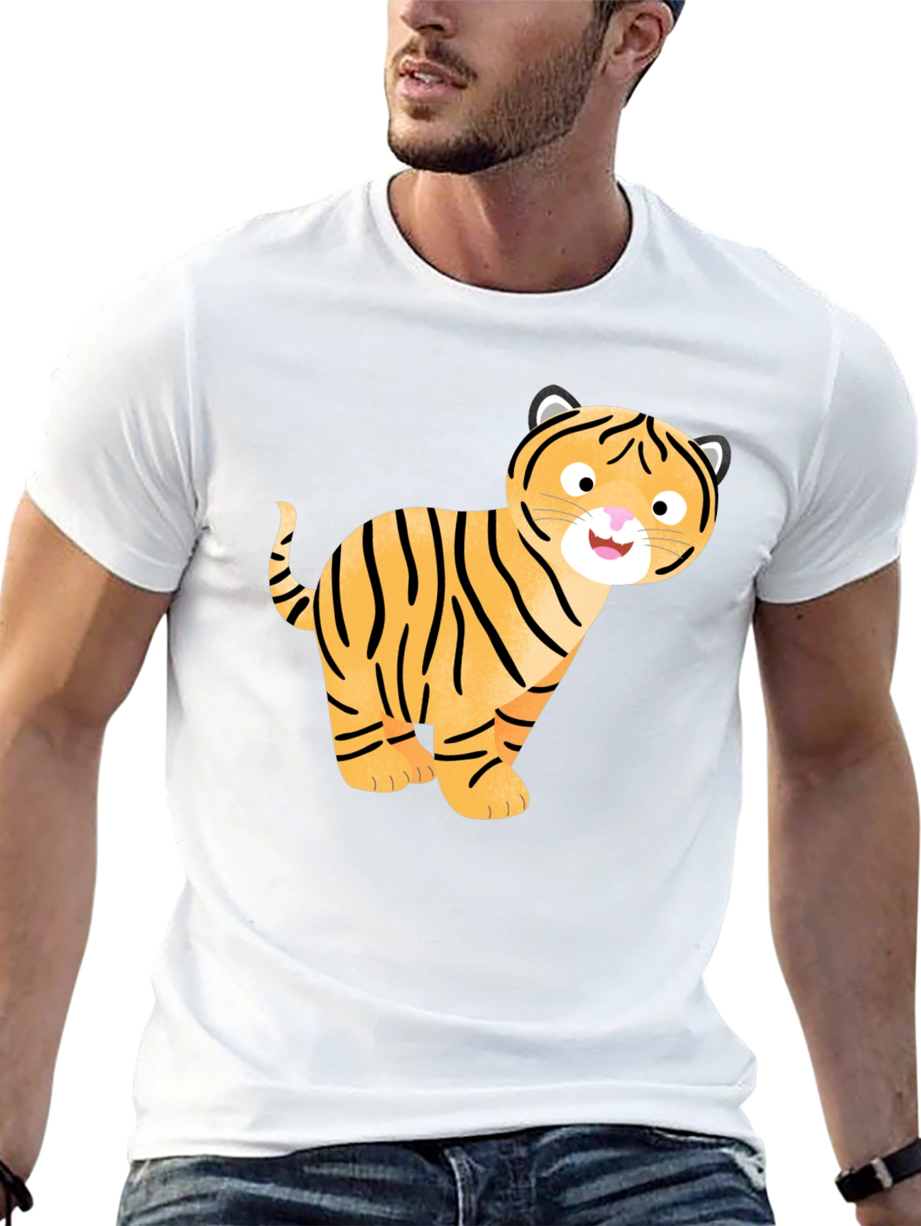 Cute Cartoon Tiger Graphic T-Shirt - Black