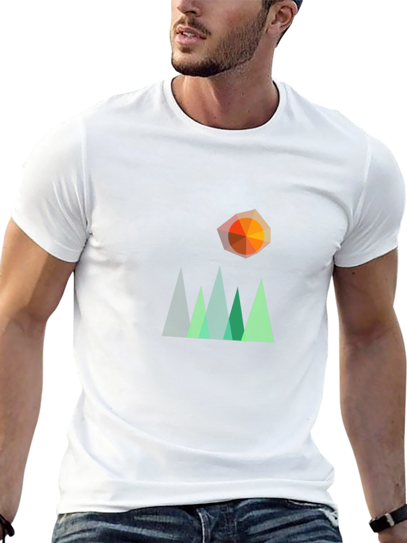 Geometric Mountain & Sun Graphic T-Shirt - Black