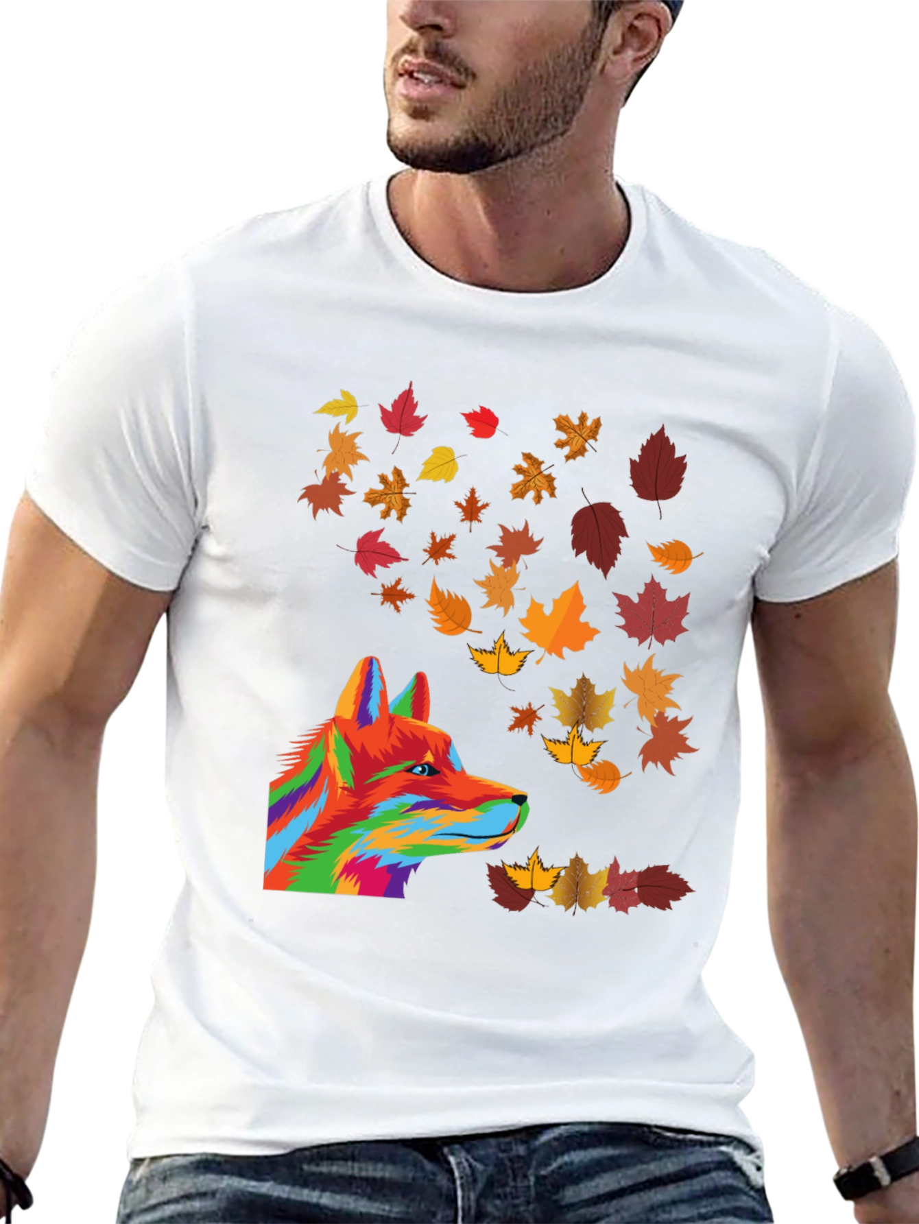 Abstract Fox & Autumn Leaves Graphic T-Shirt