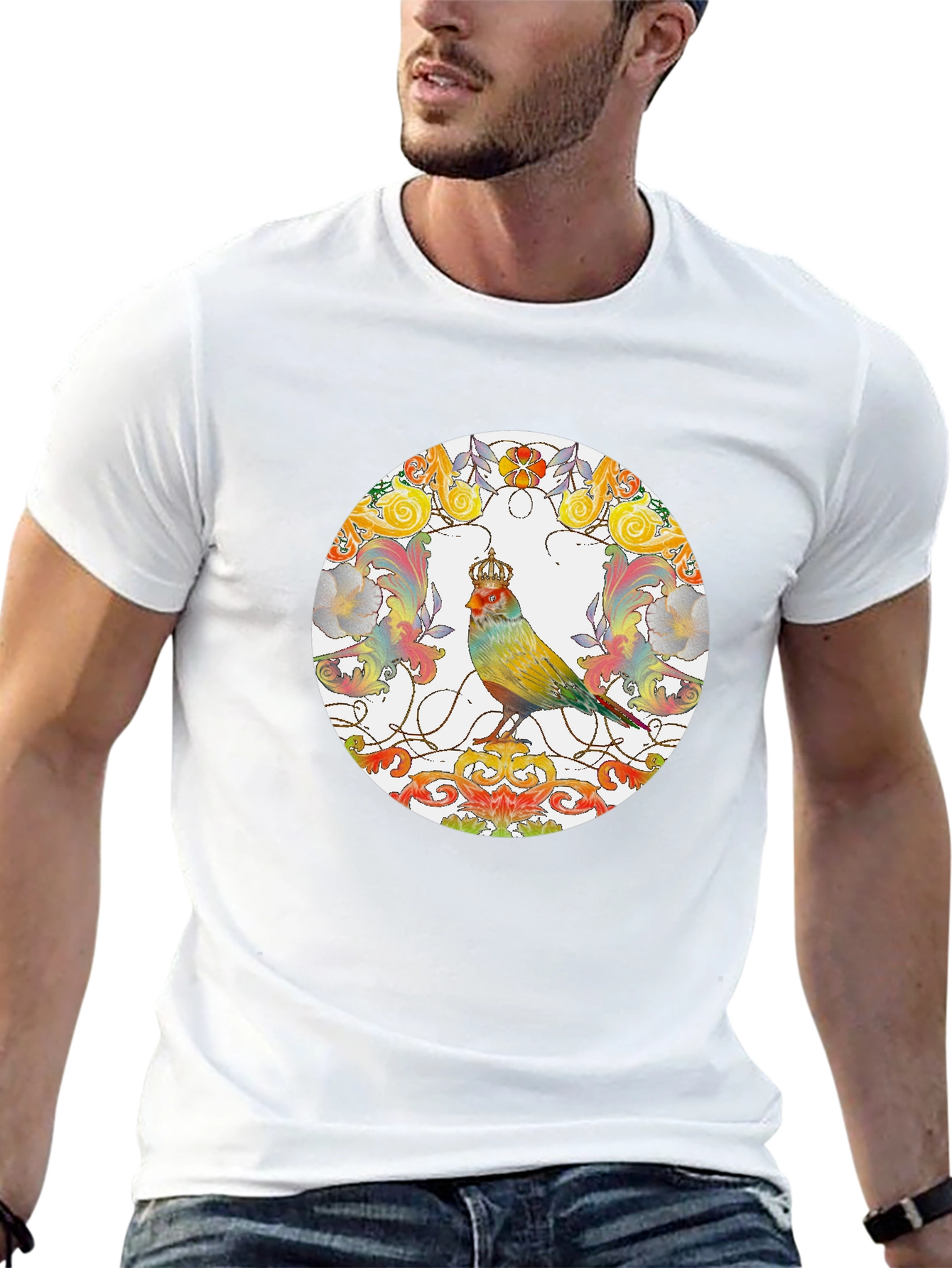 Crowned Bird Graphic Tee - Artistic Style