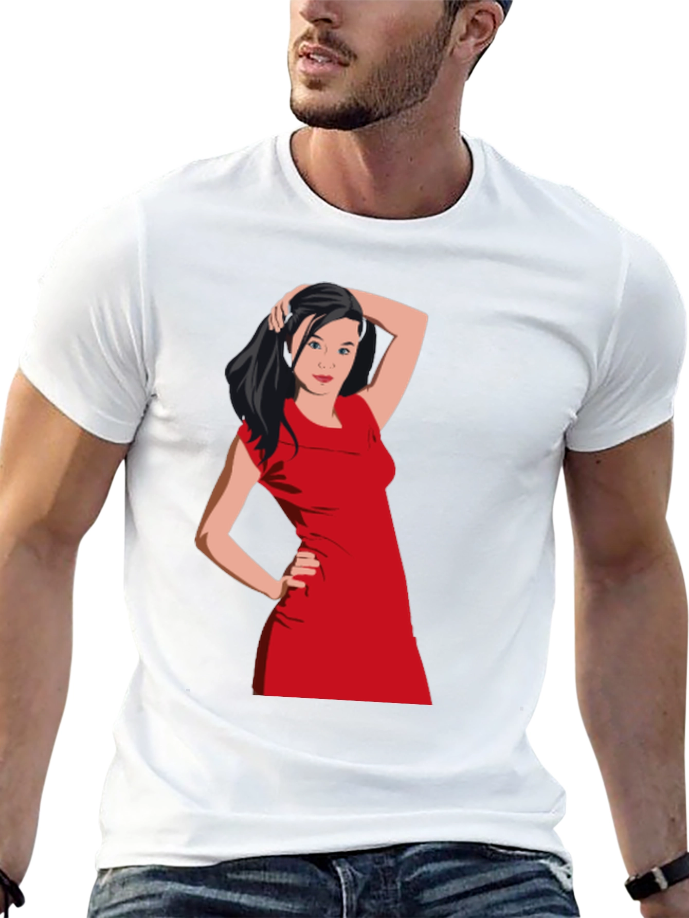 Black T-Shirt with Woman in Red Dress Graphic