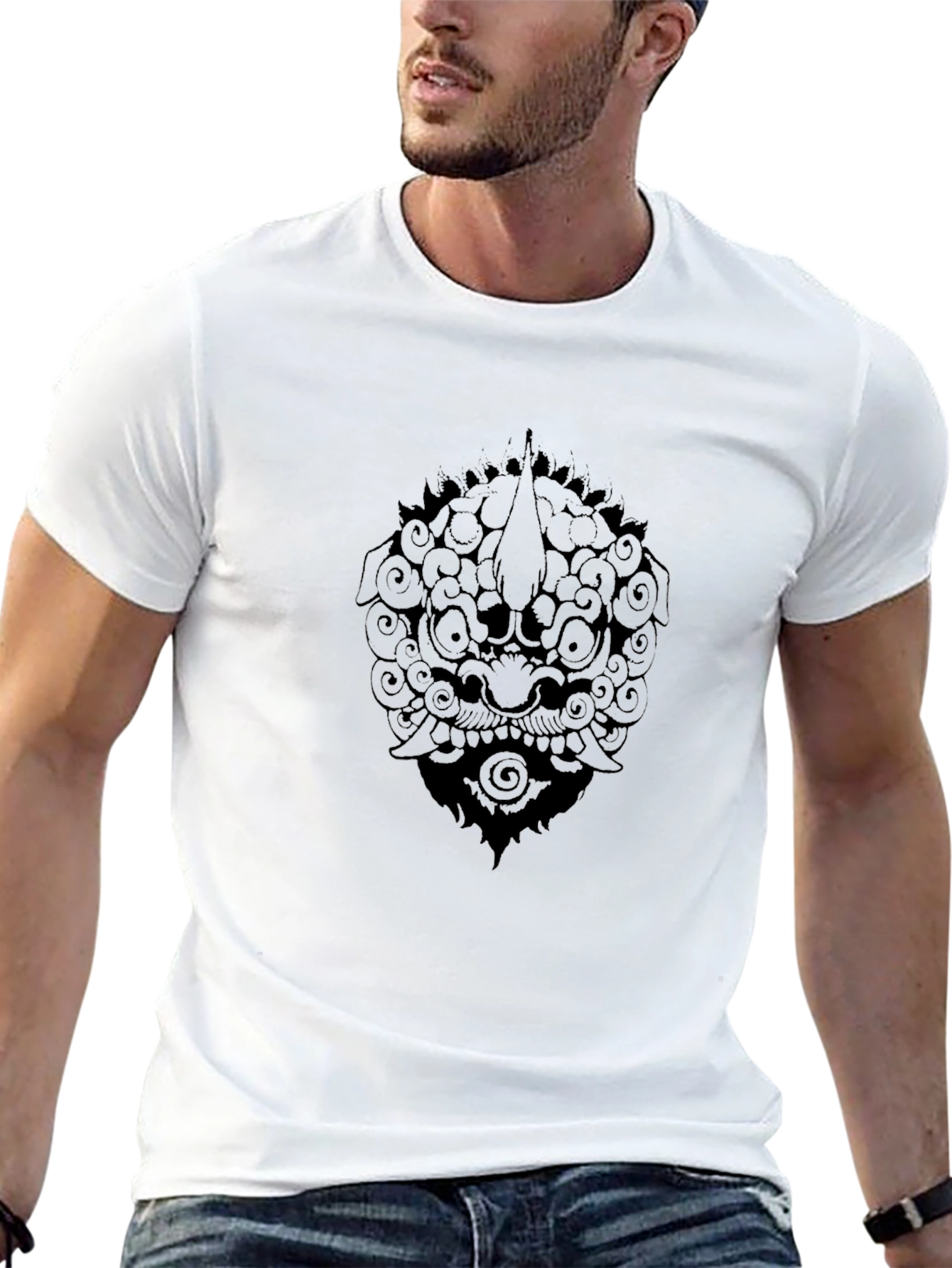 Black Graphic Tee: Foo Dog Design