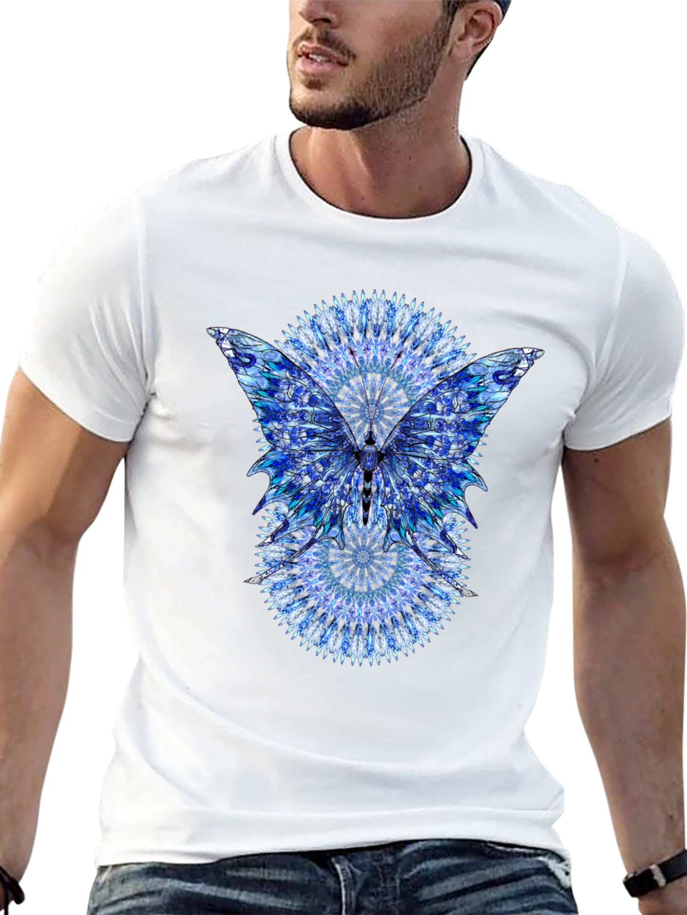 Blue Mandala Butterfly Graphic Print Black T-Shirt
