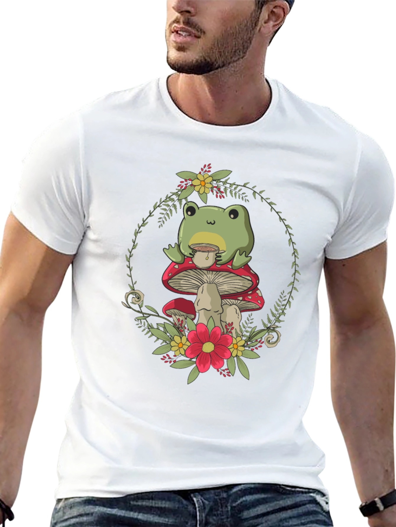 Frog on Mushroom T-Shirt - Whimsical Nature Tee