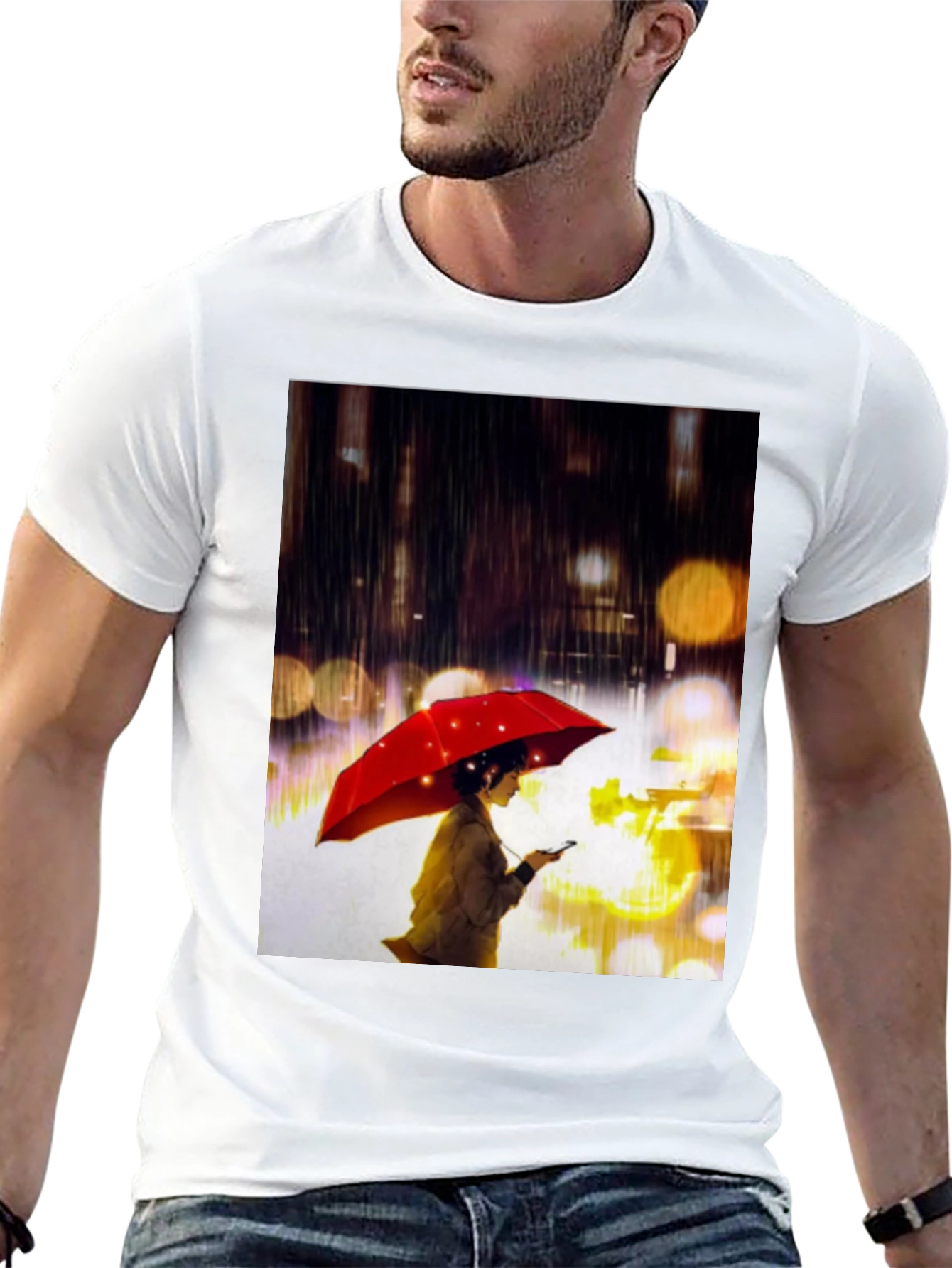Rainy Night T-Shirt: Woman with Red Umbrella