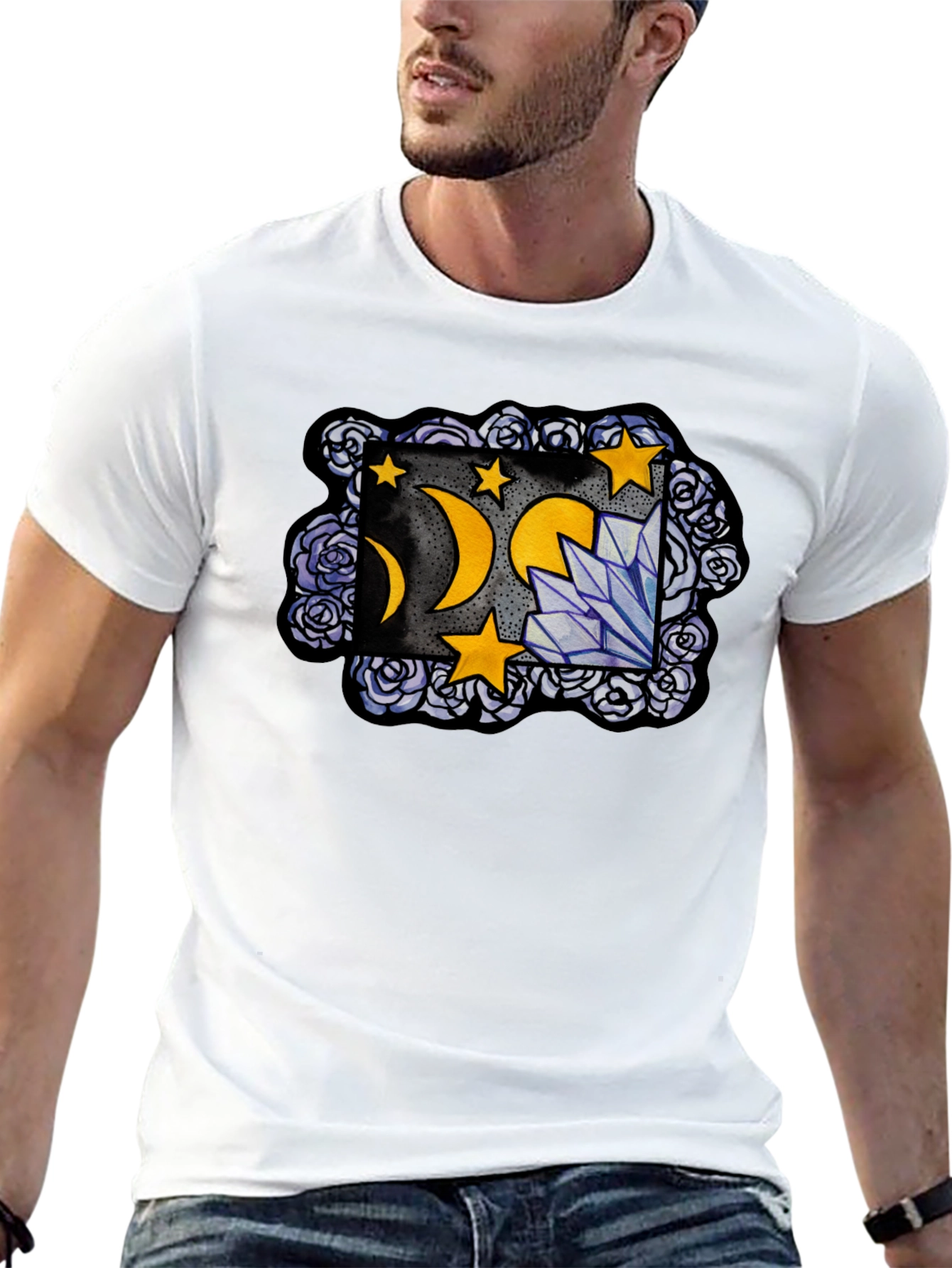 Mystic Moon & Crystal Graphic T-Shirt - Black