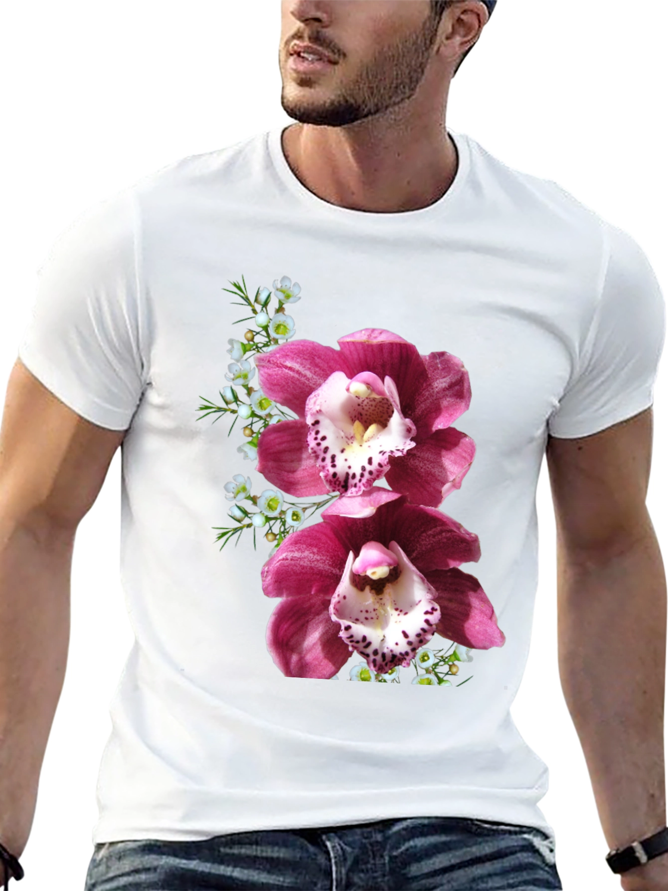 Floral Orchid Print Black T-Shirt
