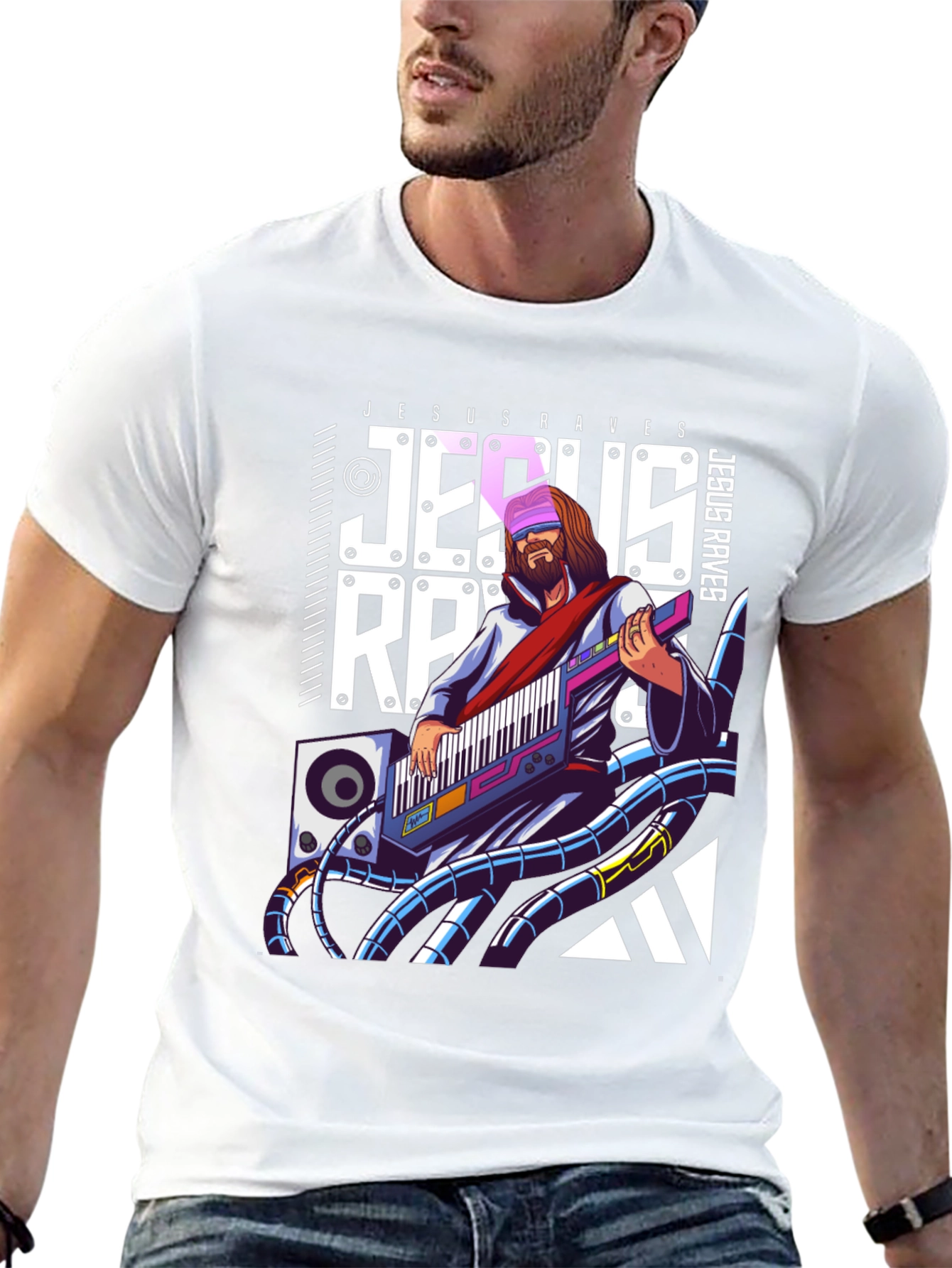 Jesus Raves Black Graphic T-Shirt - Electronic Music