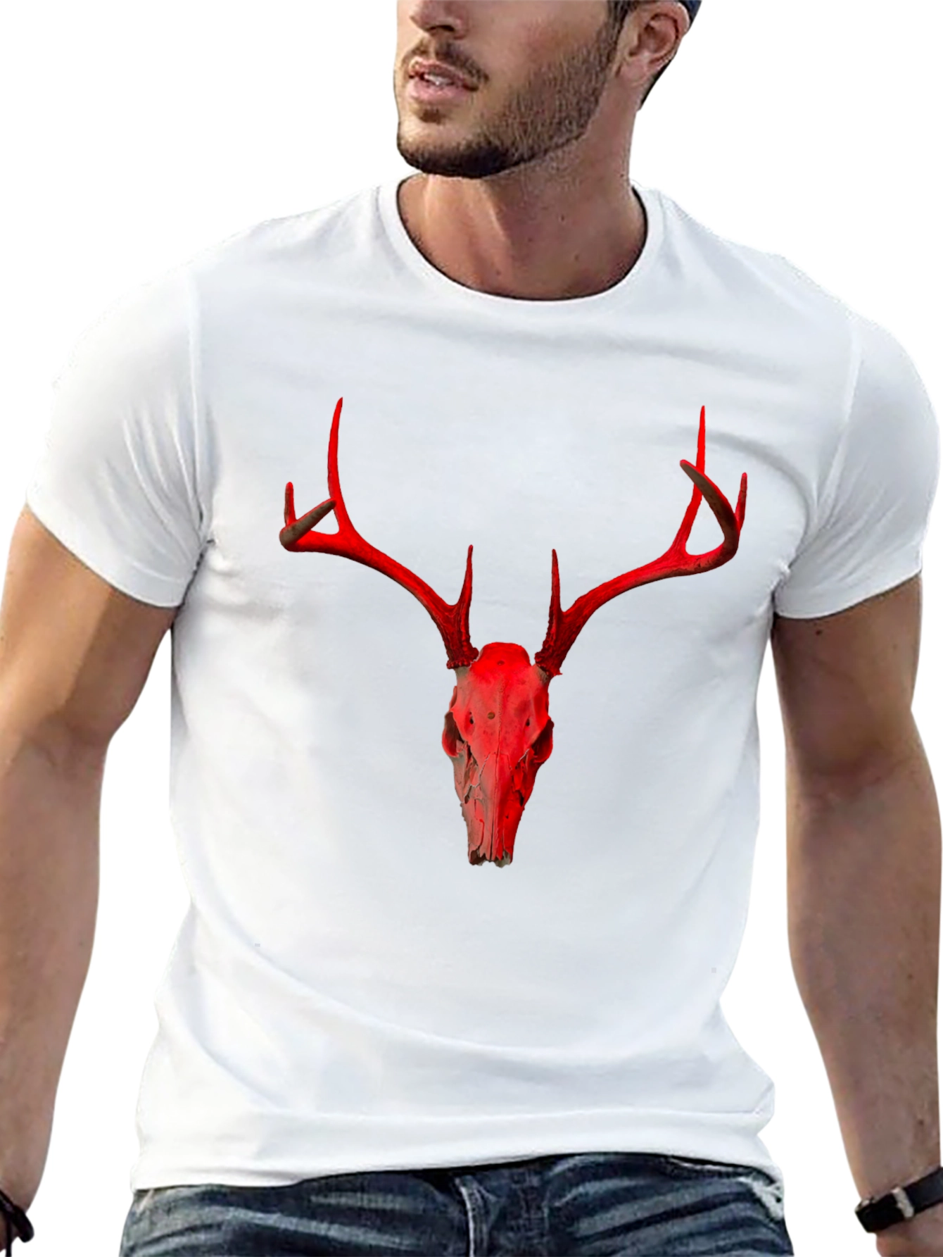 Red Deer Skull Graphic Black T-Shirt
