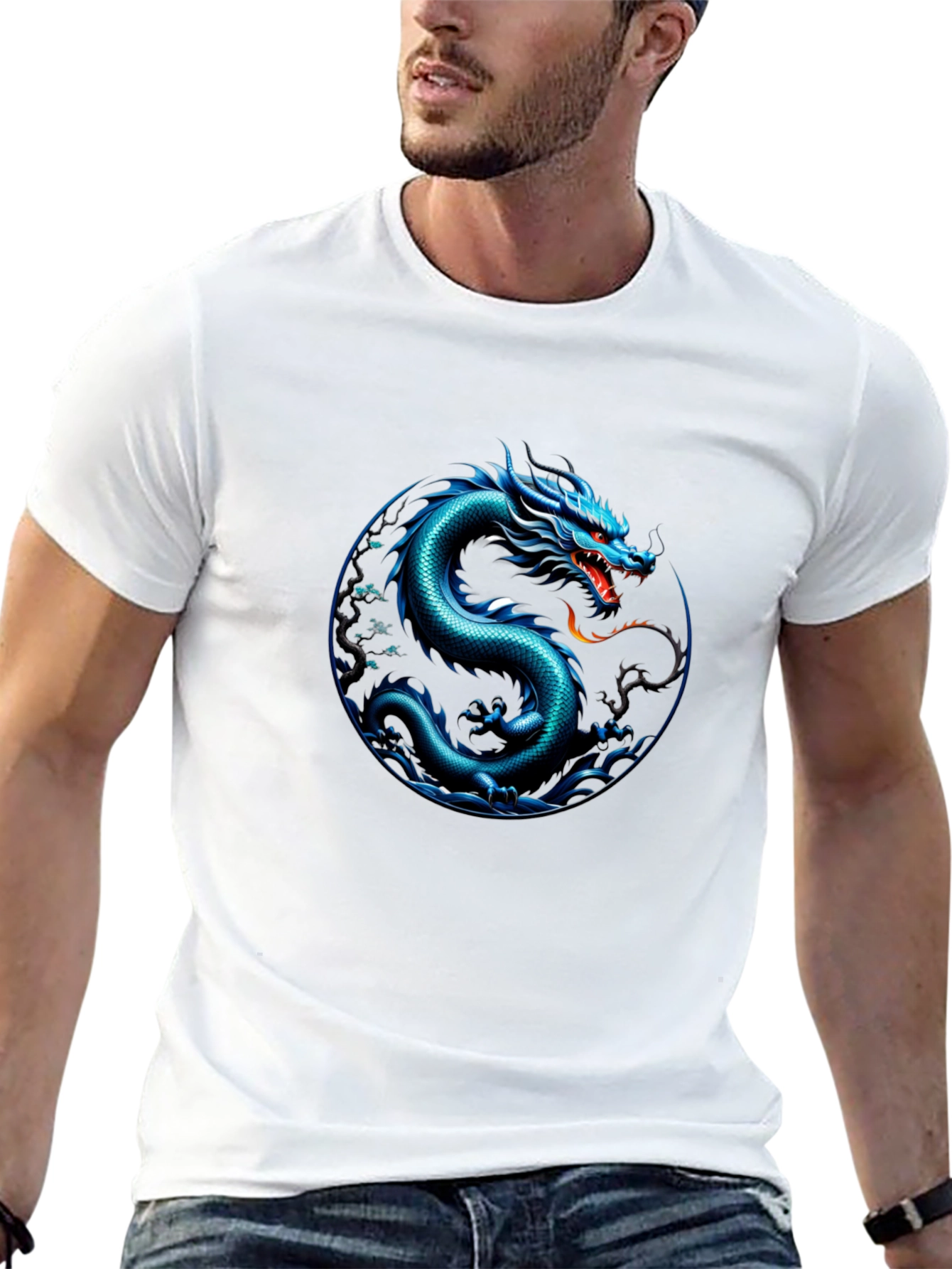 Blue Dragon Graphic Print Black T-Shirt