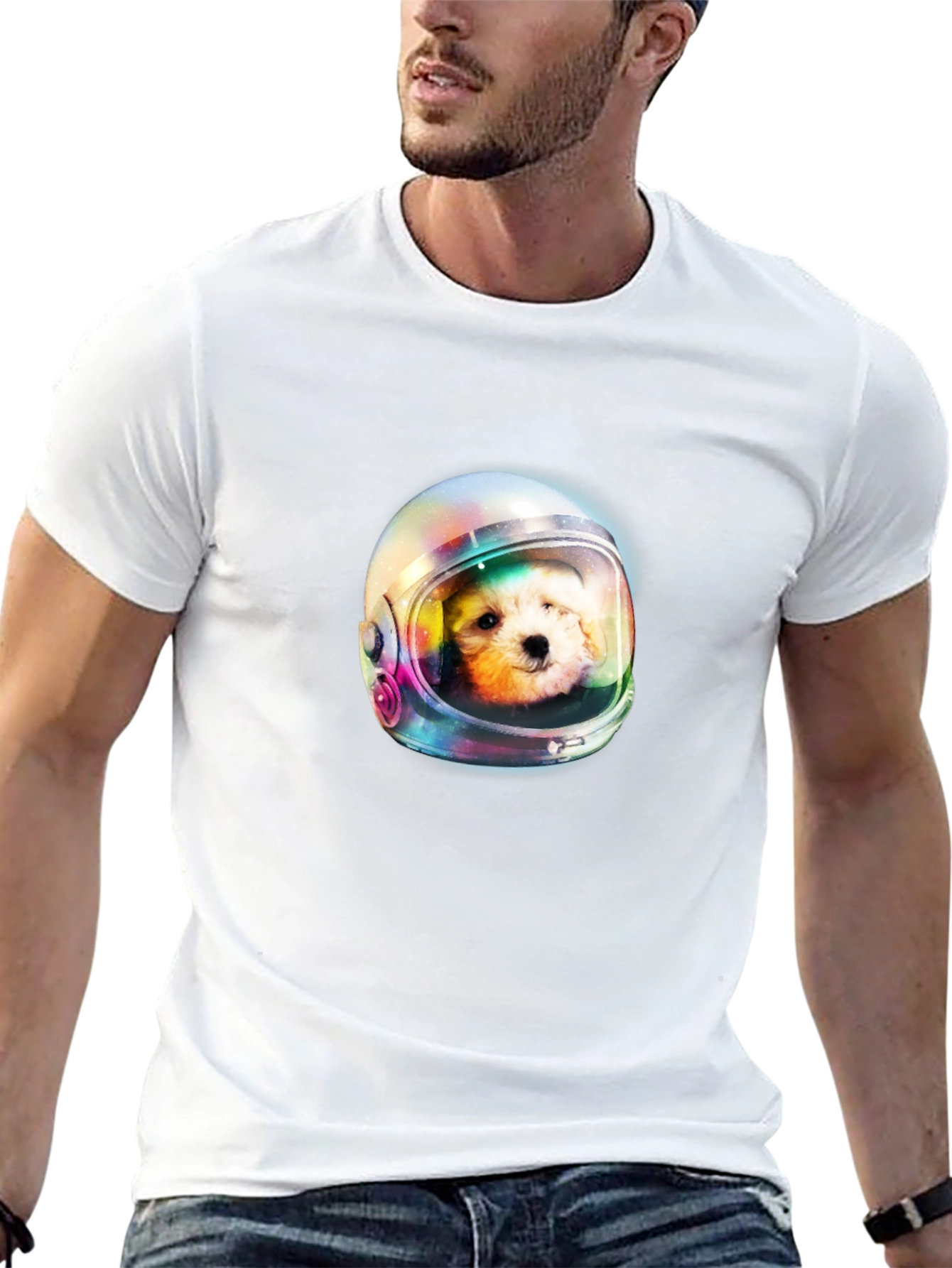 Dog Astronaut Graphic Print Black T-Shirt