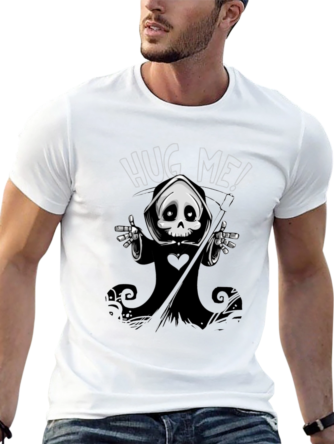 Hug Me! Grim Reaper Graphic Black T-Shirt