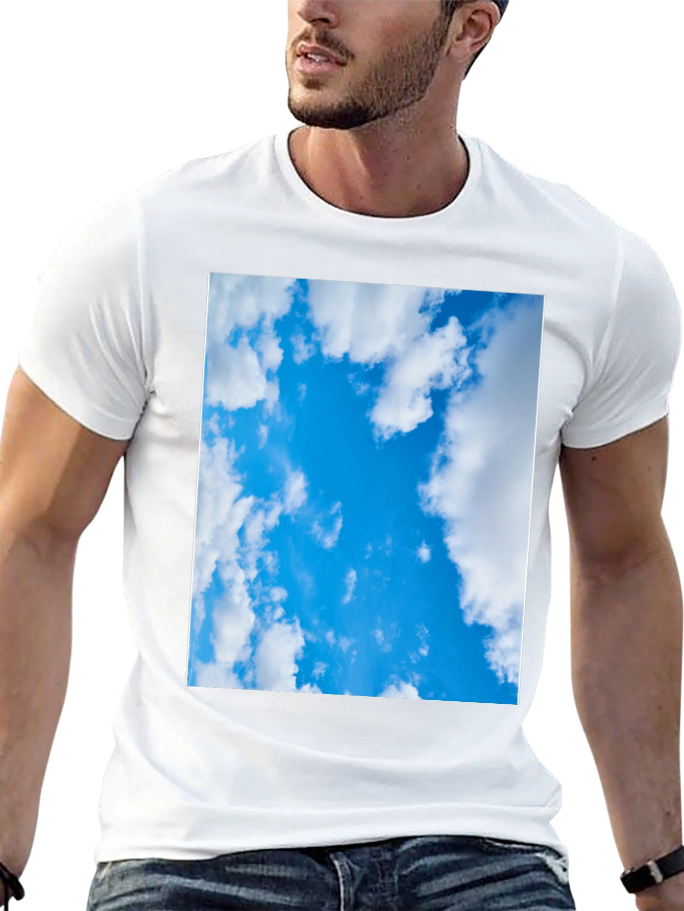 Blue Sky Cloud Print Black T-Shirt