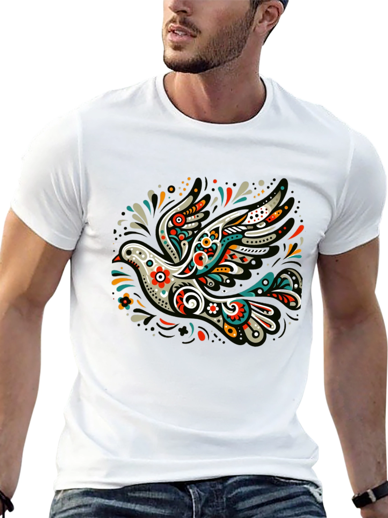 Artistic Dove Graphic Black T-Shirt