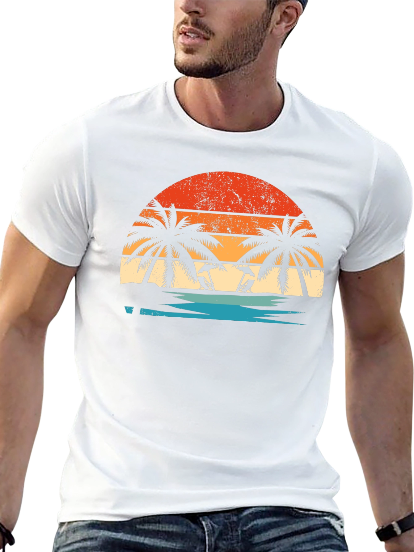 Sunset Beach Palm Tee - Retro Summer Vibes