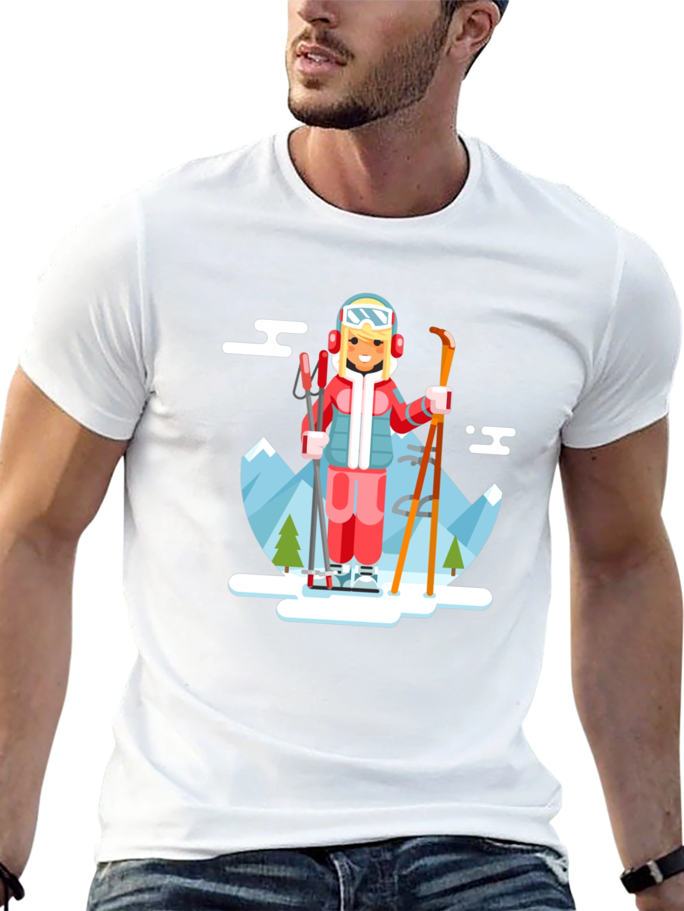Skiing Girl Graphic T-Shirt - Black Crew Neck Tee