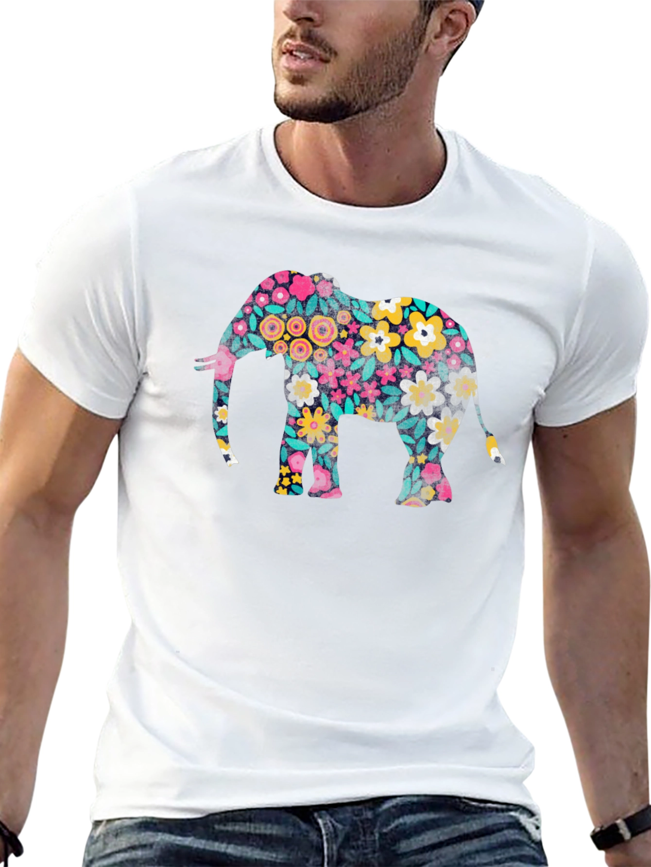 Floral Elephant Print Black T-Shirt
