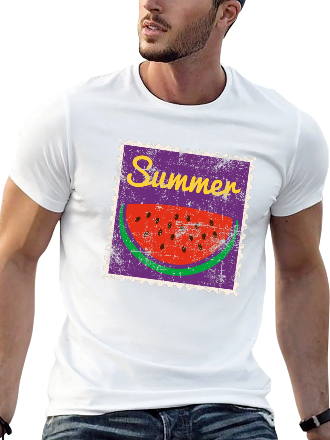 Summer Watermelon Stamp Black T-Shirt