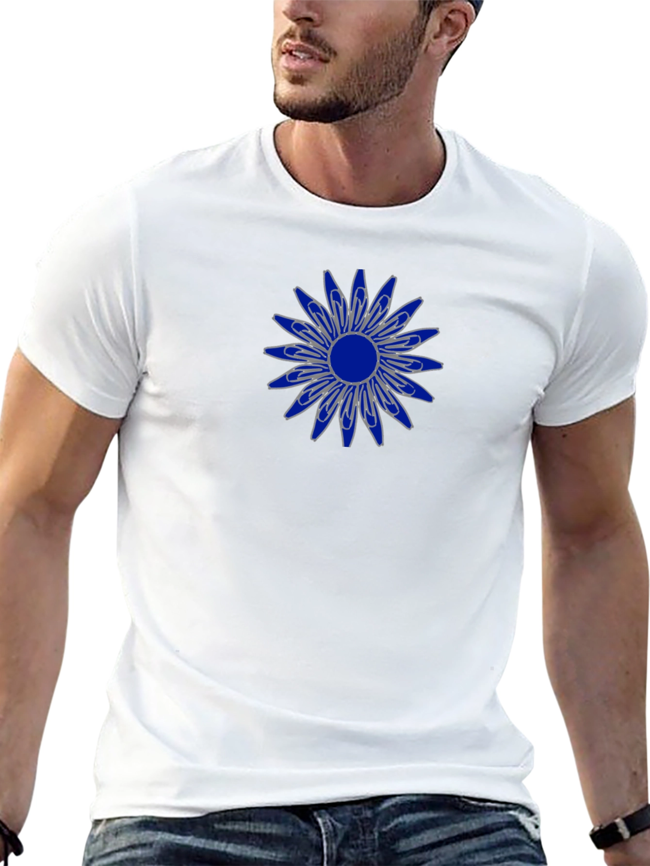 Mens Black T-Shirt with Blue Flower Design