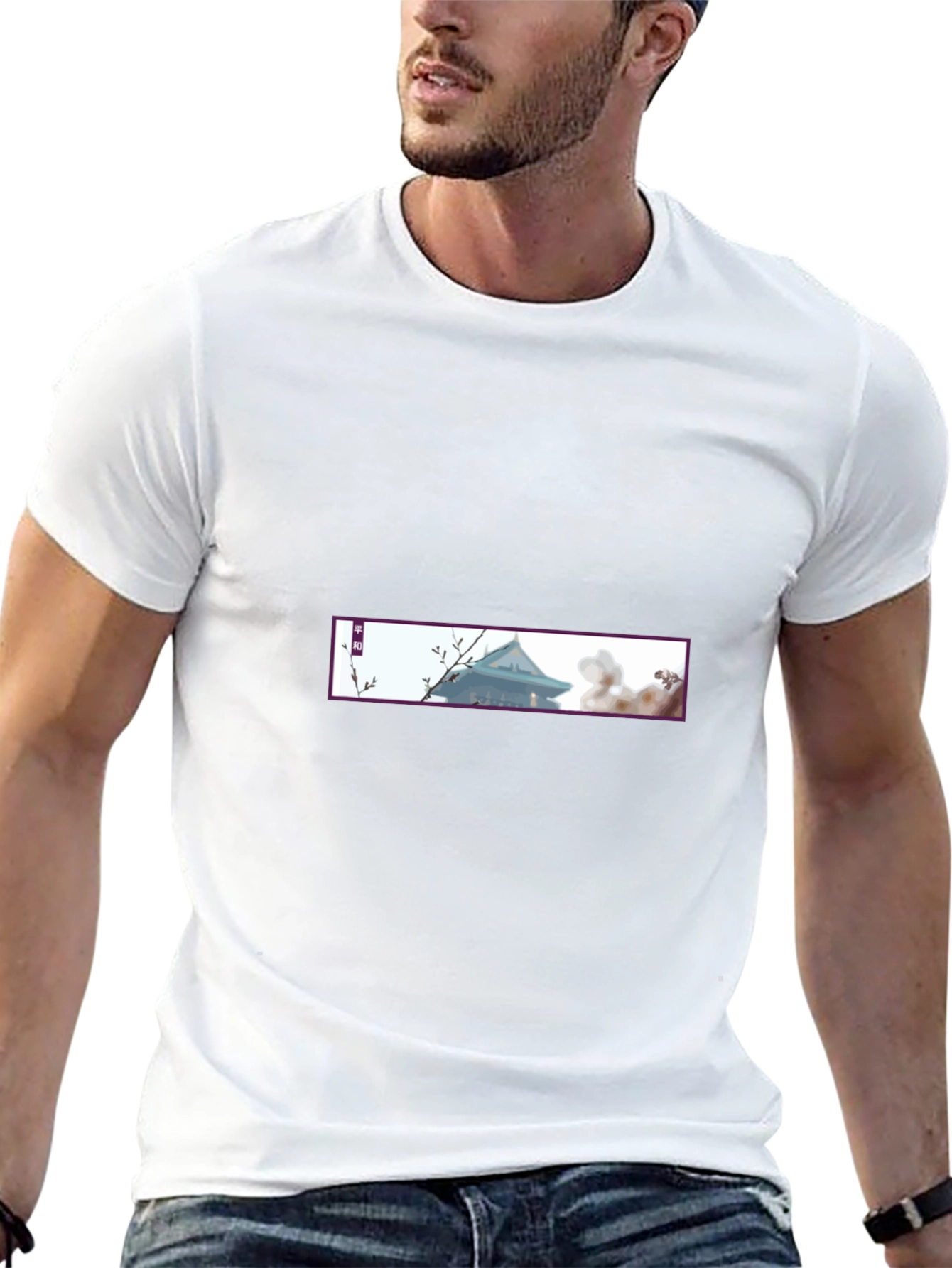 Black Tee with Asian-Inspired Temple Design