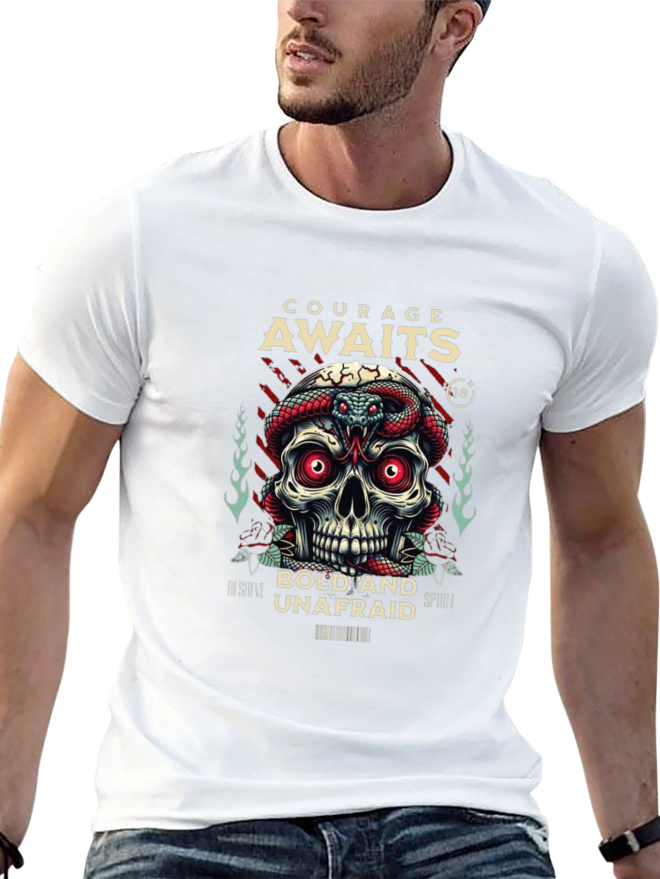 Courage Awaits Graphic Tee - Skull & Snake Design