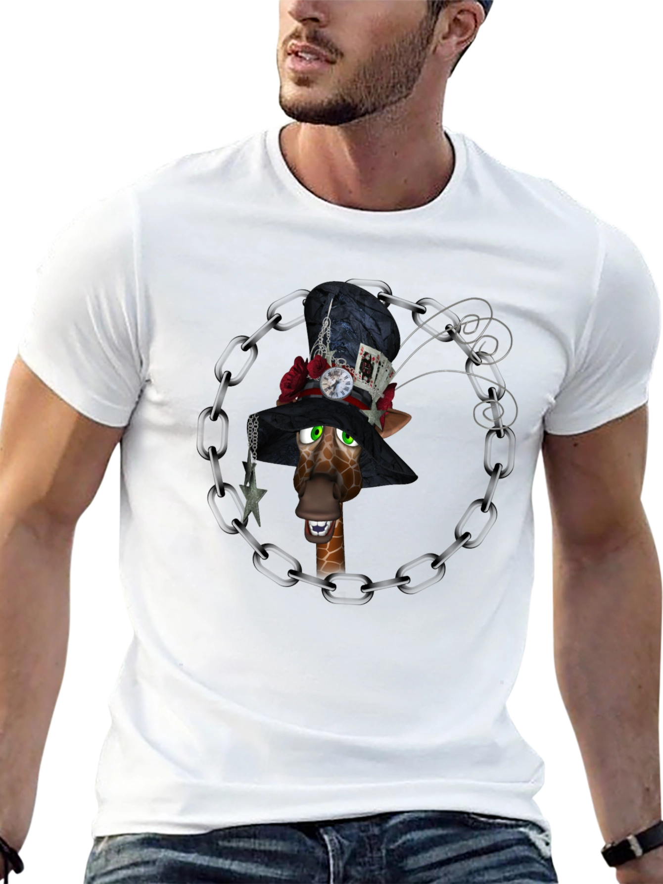 Giraffe Mad Hatter T-Shirt Black Cotton Tee